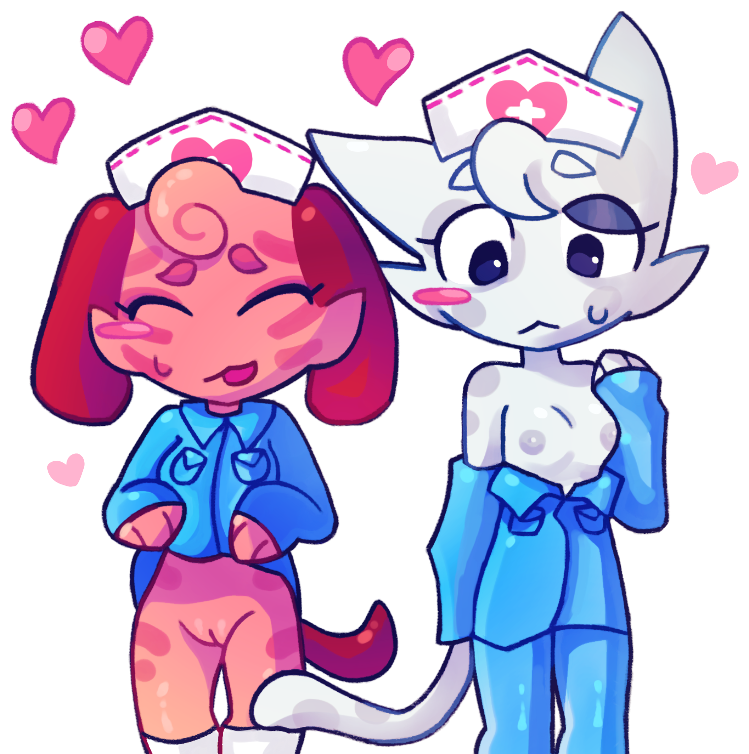 2girls, animal hospital, anthro, blush, boobs, boobs out, canine, confused, feline, female, female only, head nurse (animal hospital), hearts around head, kottiechii, lifting shirt, nurse (animal hospital), nurse hat, nurse uniform, pussy, pussy peek, roblox, roblox game, self upload, shirt down, showing breasts, showing pussy, tagme, worried expression