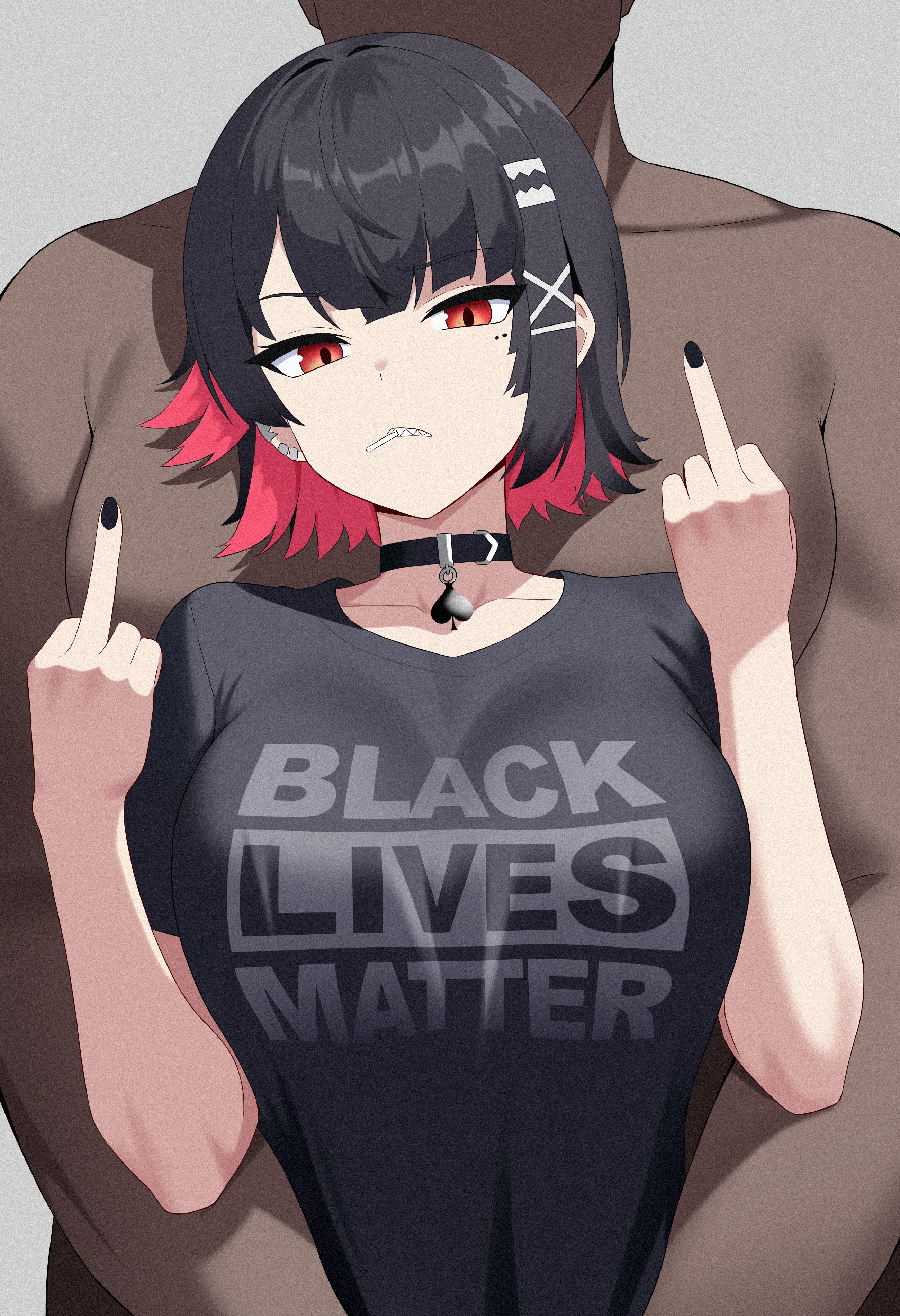 1boy, 1girl, absurdres, black choker, black hair, black lives matter, black shirt, blacked, breasts, choker, collarbone, colored inner hair, dark skin, dark-skinned male, double middle finger, ellen joe, hetero, highres, hug, interracial, large breasts, looking at viewer, lord dante, lorddantesito, medium hair, middle finger, multicolored hair, open mouth, qos, queen of spades, red eyes, red hair, sharp teeth, shirt, short sleeves, spade choker, teeth, zenless zone zero