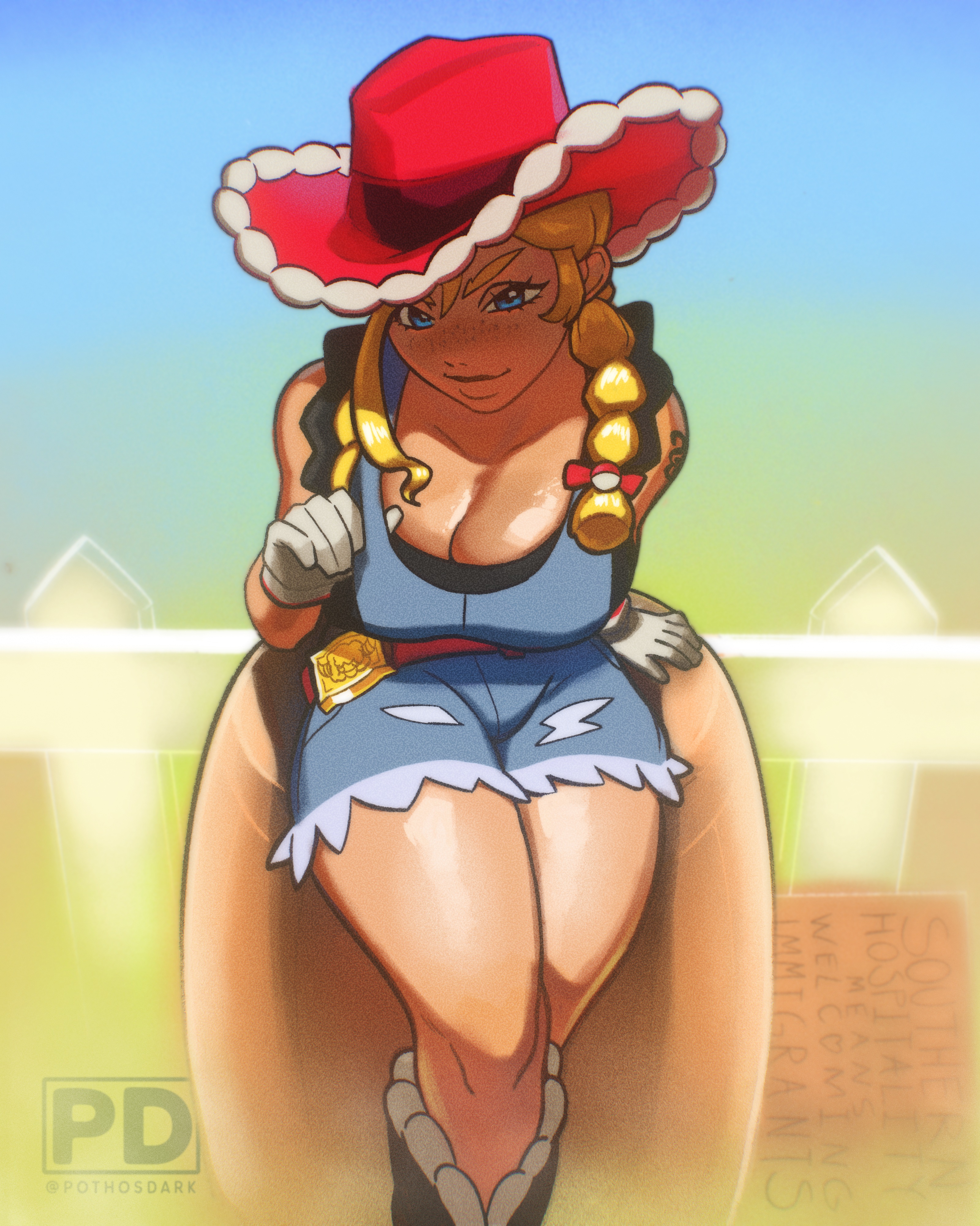 blonde female, blonde hair, cowboy hat, cowgirl, farmer, kitt (pokemon), overalls, pokemon, pokemon champions, pothosdark, rucola (pokemon)