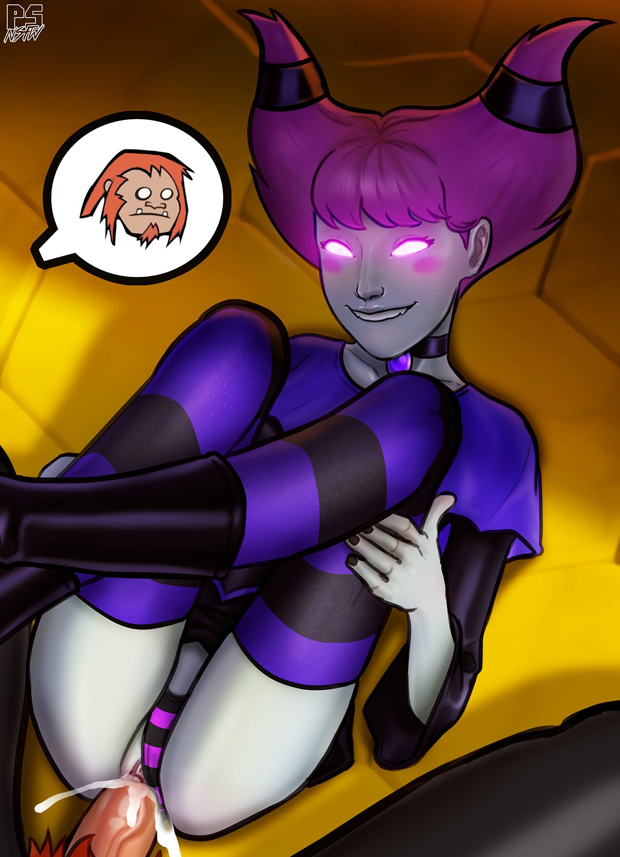 1boy, 1girls, bedroom eyes, biting lip, clothed sex, clothing, cum, cum in pussy, cum inside, dc, dc comics, erection, female, female focus, glowing eyes, jinx (dc), male, panties, panties aside, penetration, penis, pumpkinsinclair, purple hair, purple sclera, pussy, sex, straight, striped panties, teen titans, thighhighs, vaginal penetration, vein