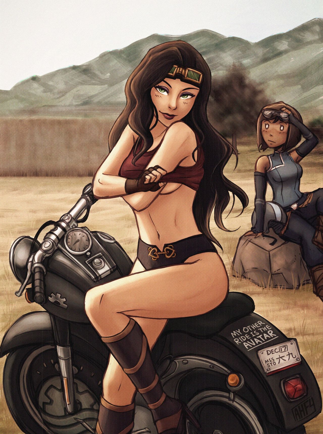 2girls absurd_res absurdres asami_sato athletic avatar_legends bare_shoulders boots breasts brown_hair canon_couple clothing dark-skinned_female dark_skin english_text eyewear female female_only fit footwear goggles goggles_on_forehead goggles_on_head green_eyes human iahfy k-y-h-u korra license_plate lipstick long_hair looking_at_viewer medium_breasts midriff motorcycle outside pale_skin pinup short_hair short_shorts shorts sitting solo_focus straight_hair tank_top teasing text the_avatar the_legend_of_korra thighs top_lift underboob undressing vehicle water_tribe yuri