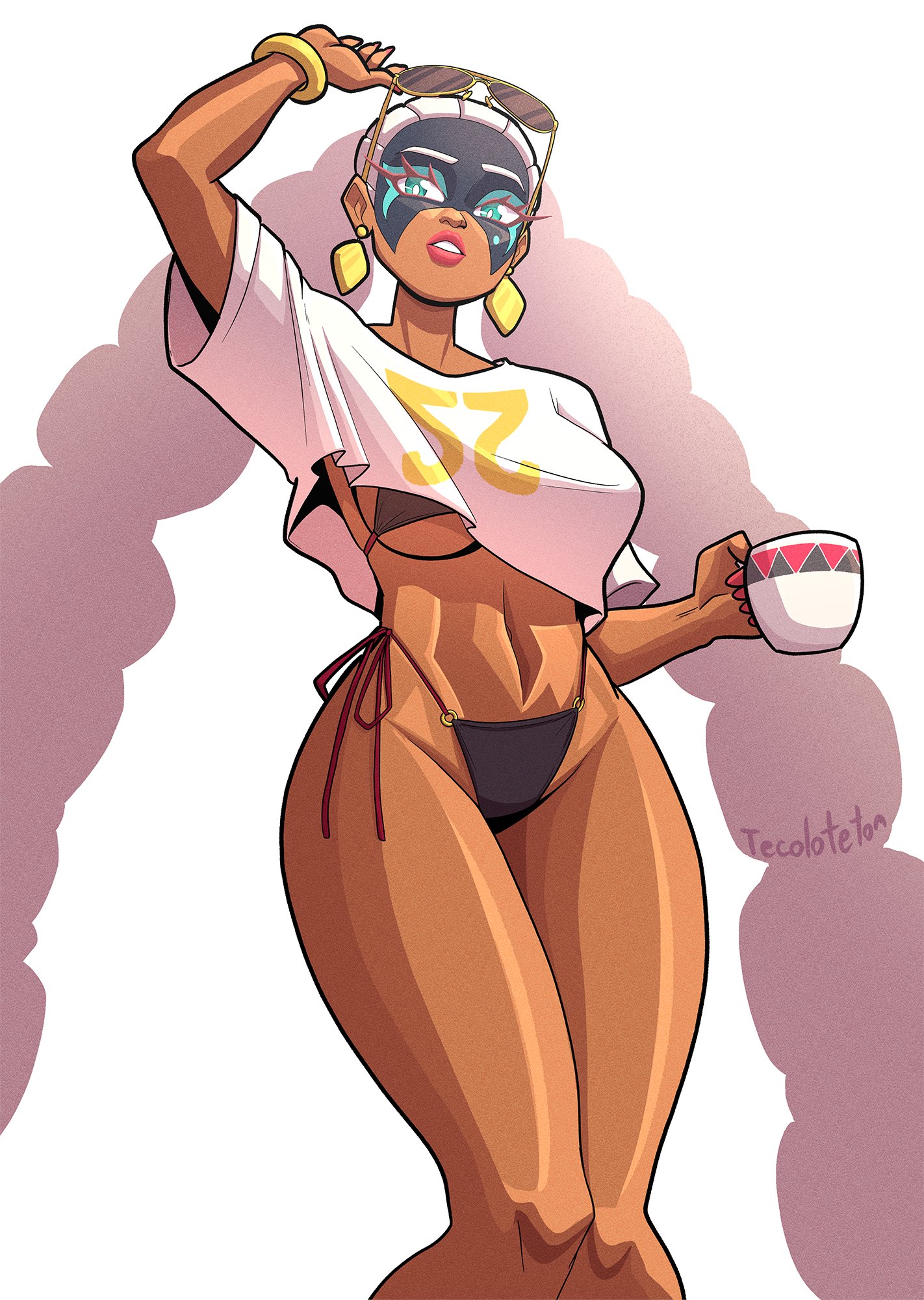 1girls, arms (game), bracelet, dark-skinned female, earrings, female, female only, glasses, gold jewelry, grand theft auto vi, green eyes, gta vi cover girl, lipstick, mask, nintendo, swimsuit, tea cup, tecoloteton, thong, twintails, twintelle, white background, white hair