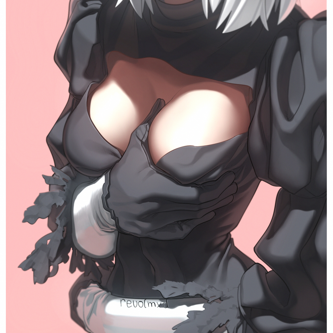 1:1 aspect ratio, android, black dress, black gloves, breast grab, breast hold, breasts, cleavage, cleavage cutout, close-up, dress, feather-trimmed sleeves, female, gloves, grabbing, grabbing own breast, groping, head out of frame, high resolution, juliet sleeves, large breasts, long sleeves, medium breasts, nier (series), nier: automata, pink background, puffy sleeves, revolmxd, self fondle, short hair, silver hair, simple background, solo, vambraces, yorha 2b