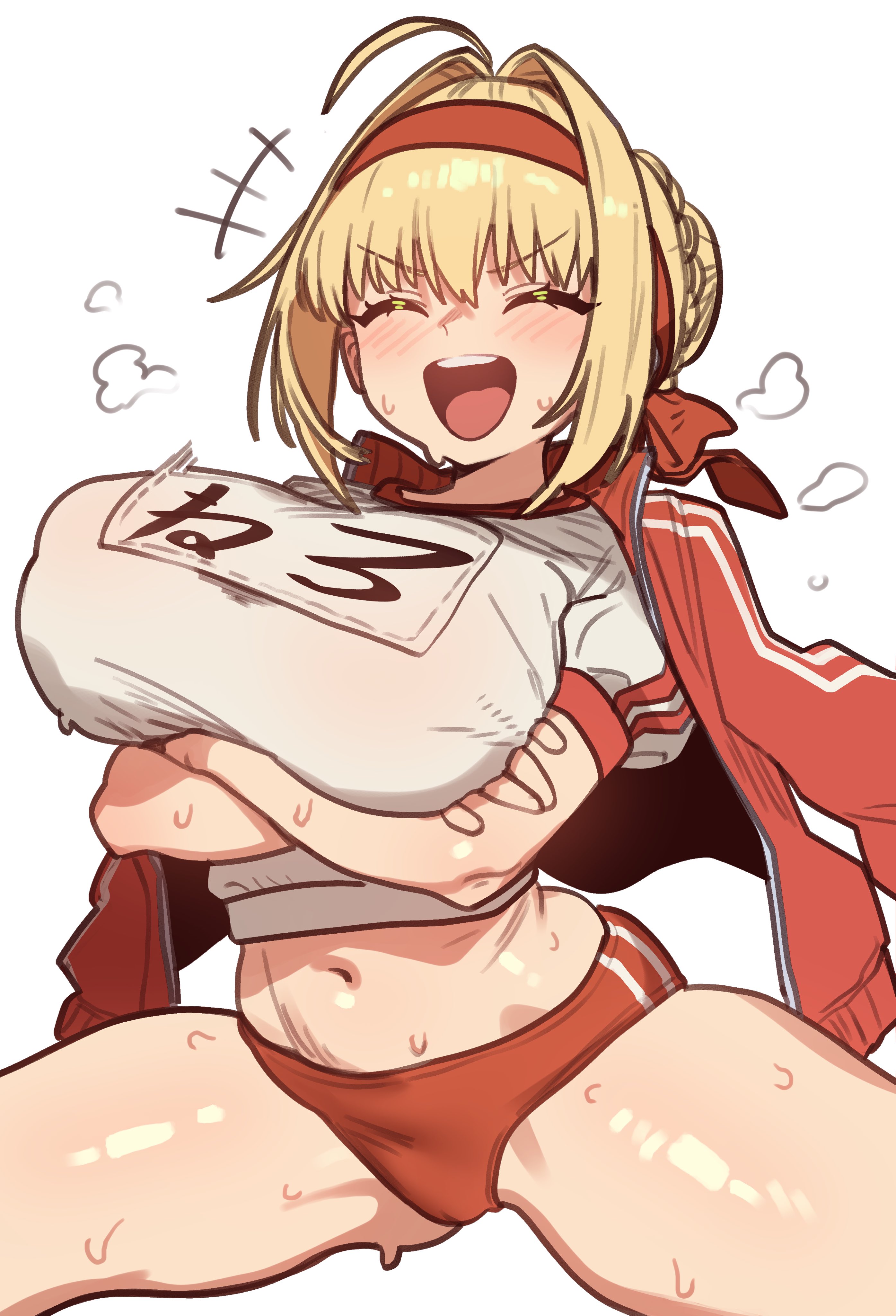 1girls, 2026, 2d, 2d (artwork), belly, belly button, big breasts, blonde, blonde female, blush, blushing, breasts, camel toe, cameltoe, clothed, clothed female, clothing, color, colored, ebora, fate (series), fate/grand order, female, female focus, gym, gym clothes, huge breasts, jacket, jacket on shoulders, jacket partially removed, large breasts, midriff, nero claudius (fate), nero claudius (olympian bloomers), nipple bulge, open mouth, open smile, smile, smiling, solo, solo female, solo focus, sweat, sweaty, sweaty body, teeth, upper teeth, upper teeth only
