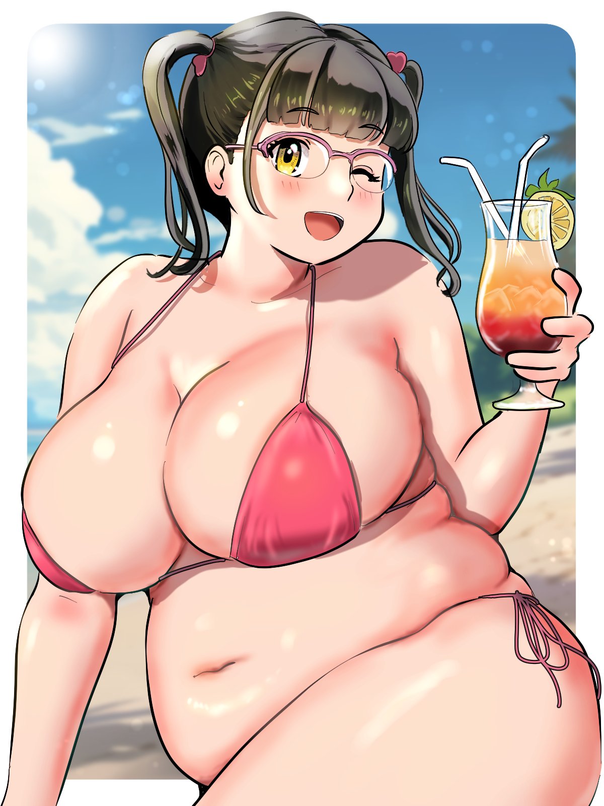1girls, beach, bikini, black hair, blunt bangs, blush, breasts, chubby, chubby female, cleavage, cocktail, cocktail glass, cup, drinking glass, drinking straw, fat, fat rolls, fat woman, glasses, hair ornament, heart, heart hair ornament, highres, huge breasts, kenken28937178, large breasts, medium hair, navel, nikuko (galko), one eye closed, open mouth, oshiete! galko-chan, outdoors, over-rim eyewear, pink bikini, pink-framed eyewear, plump, semi-rimless eyewear, side-tie bikini bottom, solo, swimsuit, twintails, wink, yellow eyes