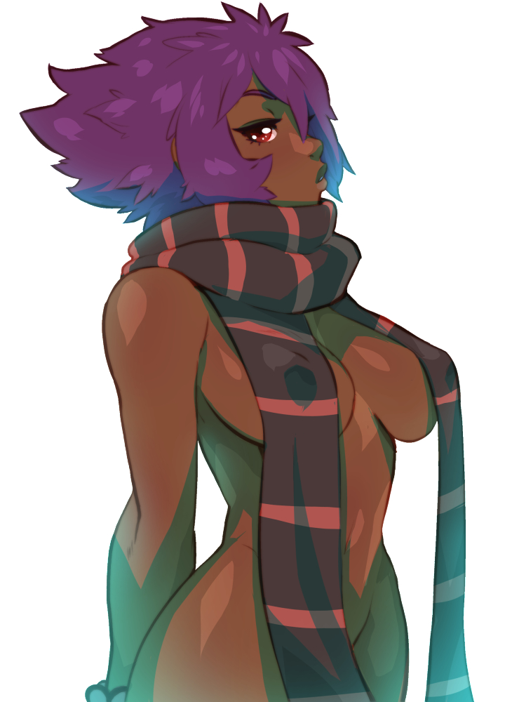 arms behind back, borrowed character, breasts, convenient censoring, dark skin, dark-skinned female, erect nipples, erect nipples under clothes, eymbee, female, female only, hair over one eye, large breasts, naked scarf, nipples, nude, original, purple hair, red eyes, scarf, short hair, solo, white background
