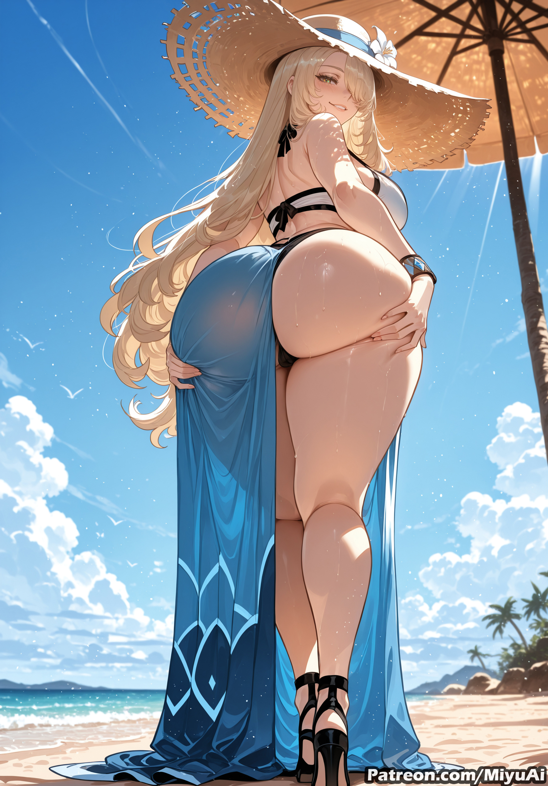 1girl, ai assisted, ai generated, ass, ass grab, bangs, bare shoulders, beach, beach umbrella, bent over, bikini, blonde hair, blue bikini, blue sky, blush, bracelet, breasts, cloud, curvaceous, curvy, curvy female, curvy figure, cynthia (pokemon), day, female, flower, from behind, full body, grabbing own ass, green eyes, hair over one eye, hand on own ass, hat, high heels, jewelry, large breasts, long hair, looking at viewer, looking back, miyuai, ocean, outdoors, palm tree, parasol, parted lips, pokemon, ribbon, sandals, sarong, see-through, shiny, shiny skin, sky, smile, solo, straw hat, sun hat, swimsuit, thick, thick ass, thick butt, thick hips, thick legs, thick thighs, thighs, thong, toes, tree, umbrella, very long hair, voluptuous, voluptuous female, watson cross, white bikini, wide hips, wide thighs