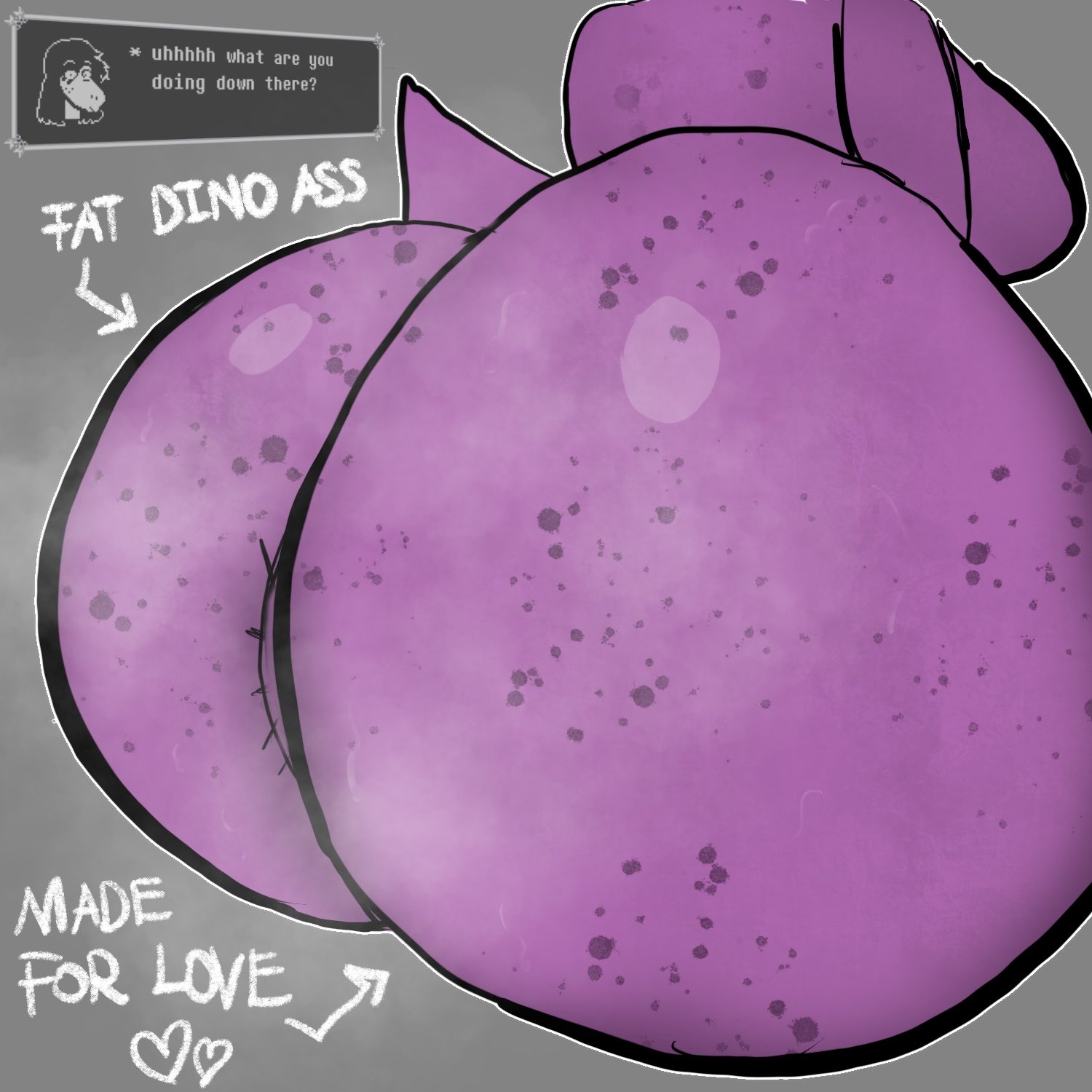 1girl, 2d, anthro, anthro female, anthro only, anus, anus peek, ass, ass focus, back to viewer, big ass, big boobs, big breasts, boobs, breasts, deltarune, dinosaur, dinosaur girl, english text, fat ass, female, female only, gronc percent, heart, huge ass, huge butt, monster, monster girl, naked, no clothes, no sex, non-human, nonhuman, nude, purple body, scalie, scalie female, scalie only, short tail, simple background, sitting, solo, solo female, susie (deltarune), tail, talking, talking to viewer, text, twitter link, undertale (series)
