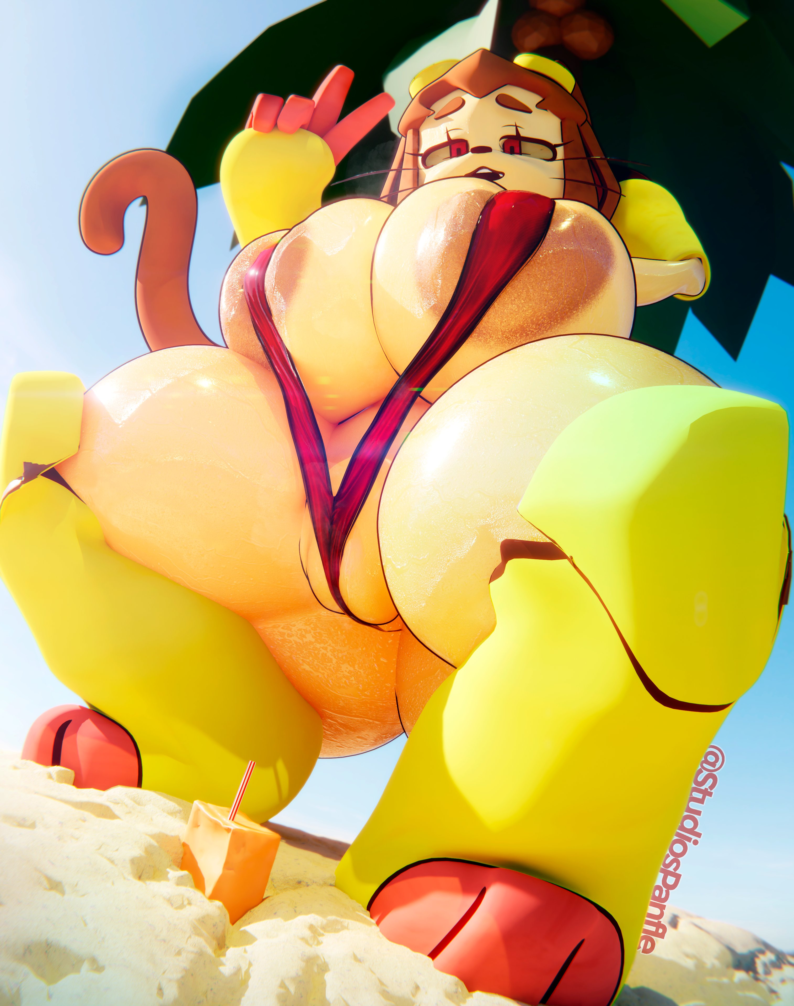 1girls, 3d, anthro, big breasts, bikini, breasts, busty, cat girl, catgirl, crouching, curvy, curvy figure, enormous breasts, female, female only, gameoverse, giant breasts, gigantic breasts, huge breasts, hyper breasts, juice box, kit (gameoverse), large breasts, legs spread, massive breasts, panflestudios, peace sign, sling bikini, solo, squatting, thick thighs, thighs, thunder thighs, v, voluptuous, voluptuous female