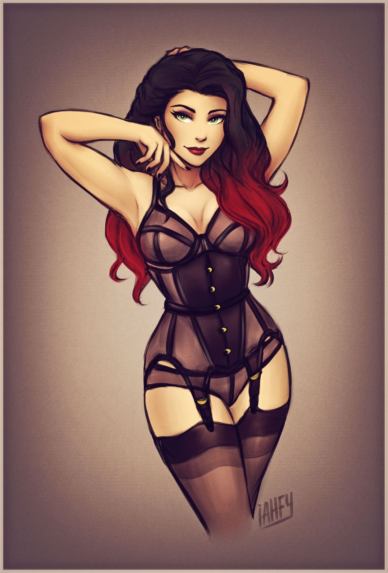 1girls, absurd res, absurdres, asami sato, avatar the last airbender, breasts, bustier, cleavage, clothing, female, female only, garter straps, gradient hair, green eyes, human, iahfy, k-y-h-u, lingerie, lipstick, long hair, medium breasts, panties, solo, standing, stockings, tagme, the legend of korra, thighhighs