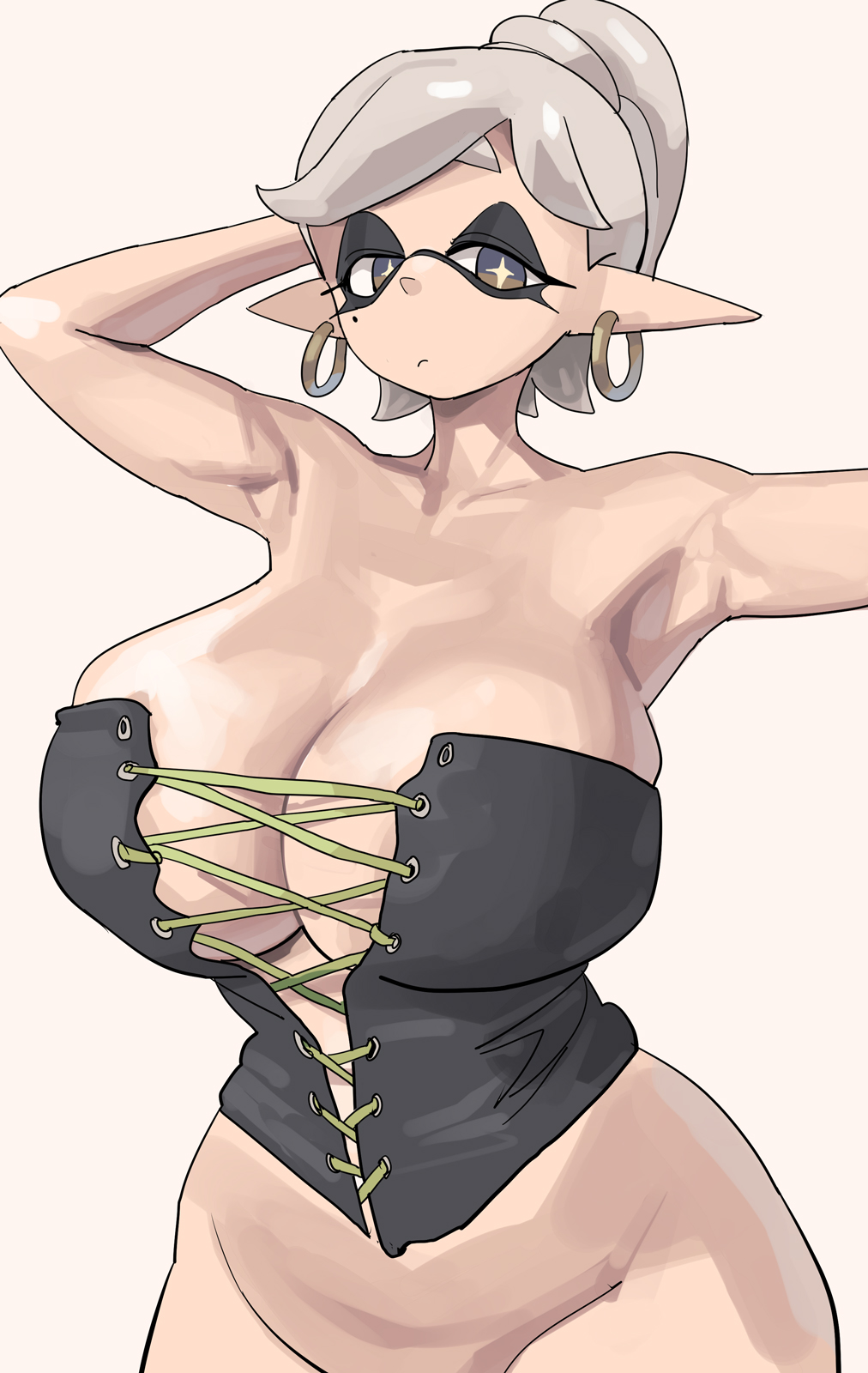 1girls, armpits, arms up, big breasts, bottomless, breasts, clothed, corset, corset only, cowboy shot, digital media, domino mask, female, huge breasts, inkling, light skin, light-skinned female, long hair, marie (splatoon), nintendo, simple background, splatoon, splatoon (series), standing, tentacle hair, wide hips, yuta agc