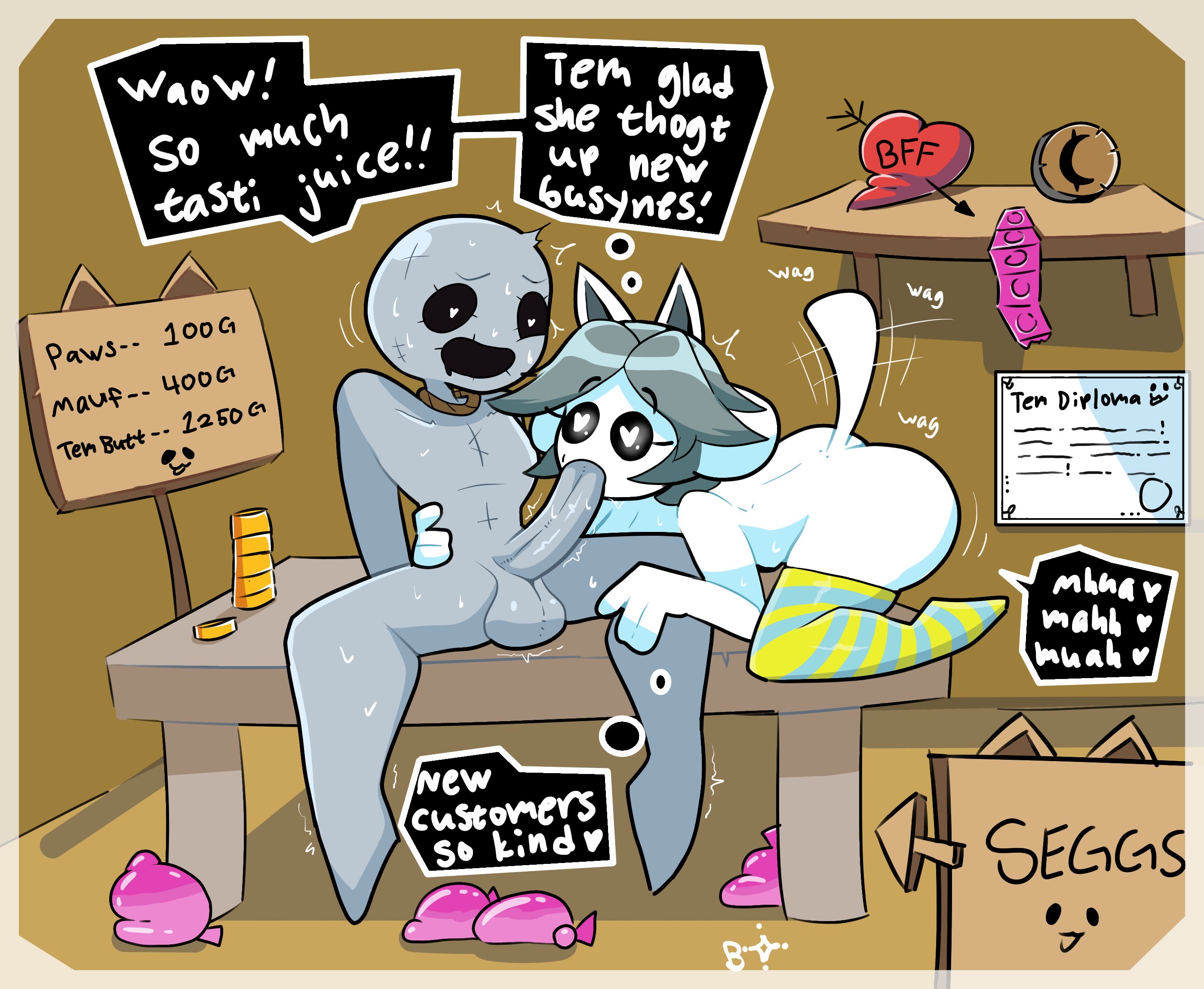 1boy, 1girls, 4 ears, all fours, anthro, bald, bffs, blightstar, coins, condom, crossover, dialogue, diploma, english text, fellatio, filled condom, grey body, heart-shaped pupils, keeper (the binding of isaac), living corpse, on table, prostitution, rope around neck, sex store, sign, sitting, store, striped socks, tagme, temmie (undertale), the binding of isaac, thighhighs, thought bubble, undertale, undertale (series), wagging tail, white body