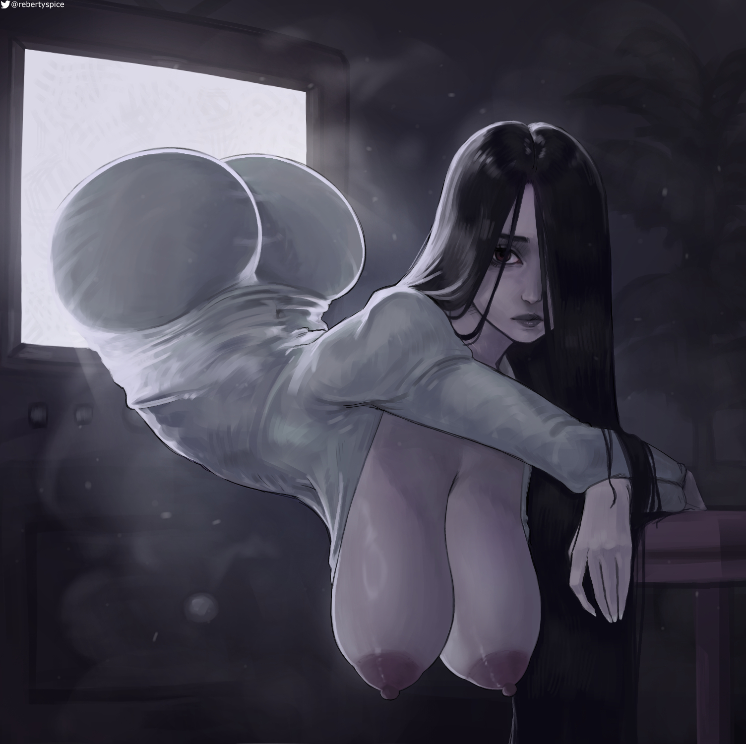 1girls, alternate version at source, areolae, ass, big ass, big breasts, black hair, breasts, female, female only, gigantic breasts, hanging breasts, heavy breasts, horror, huge ass, huge breasts, large breasts, long breasts, monster girl, nipples, rebertyspice, solo, solo female, the ring, yamamura sadako