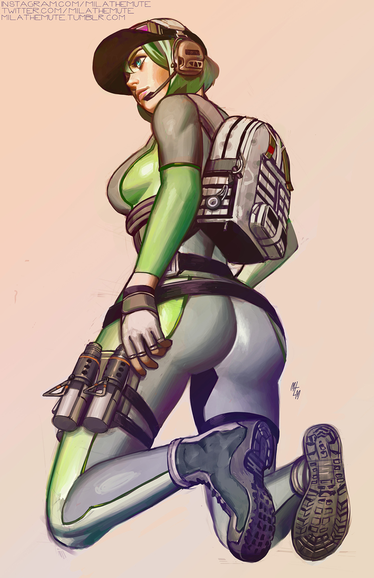 1girls, 2019, 2d, 2d (artwork), artist name, artist signature, ass, back view, backpack, blue eyes, cap, clothed, clothed female, ela (rainbow six), equipment, female, female only, fingerless gloves, fully clothed, gloves, green hair, grenades, grzmot mine, hat, headphones, human, human only, kneeling, light skin, light-skinned female, looking away, mila the mute, questionable, rainbow six, rainbow six siege, realistic proportions, round butt, sfw, short hair, simple background, skin tight, solo, solo female, text, tom clancy, ubisoft, uniform, url, viewed from below, white background