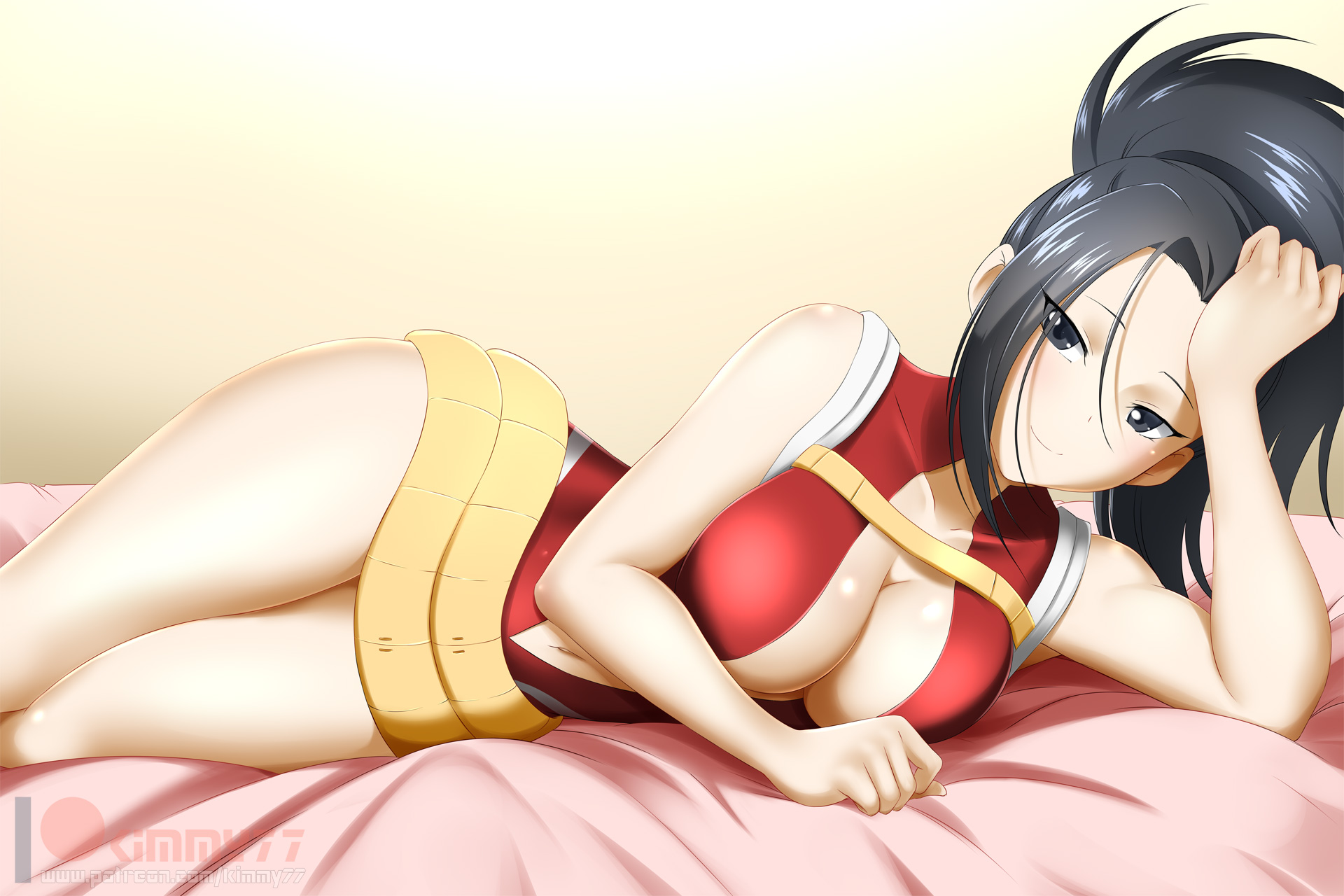 1girls, alternate version available, big breasts, black hair, black-haired female, breasts, cleavage, female, female only, hero outfit (mha), human, human female, kimmy77, large breasts, leotard, light skin, light-skinned female, looking at viewer, lying, momo yaoyorozu, momo yaoyorozu (hero outfit), my hero academia, on side, pinup, slim waist, solo, superheroine, thick thighs, wide hips