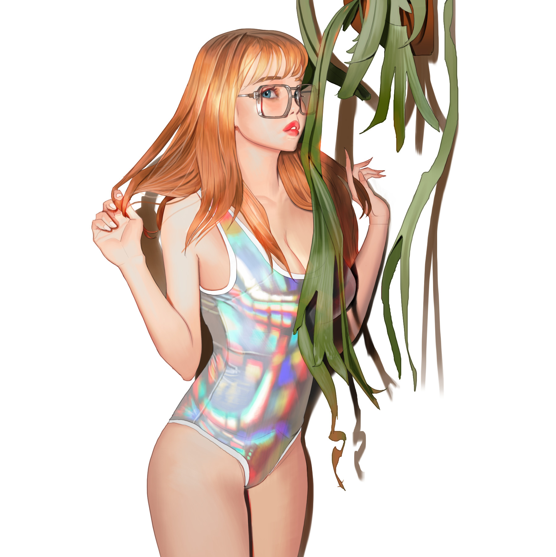 1:1 aspect ratio, 1girls, female, megane, one-piece swimsuit, orange hair, realistic, shiny, shiny clothes, solo, swimsuit, wonbin lee