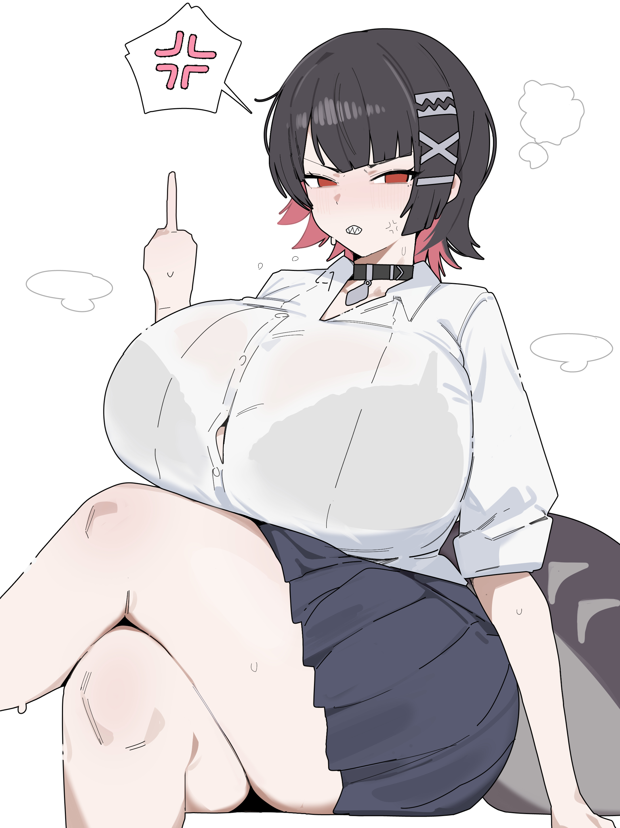 anger vein, black hair, black skirt, brat, bratty correction, breasts, citizen k, citizen k (pngj5475), clenched teeth, colored inner hair, commentary, crossed legs, ellen joe, fins, fish tail, hair ornament, hairclip, highres, huge breasts, hyper, hyper breasts, looking at viewer, middle finger, multicolored hair, pink hair, pleated skirt, red eyes, shark tail, shirt, sitting, skirt, solo, spoken anger vein, steam, tail, teeth, thick thighs, thighs, two-tone hair, untranslatable commentary, wet, wet clothes, white background, white shirt, zenless zone zero