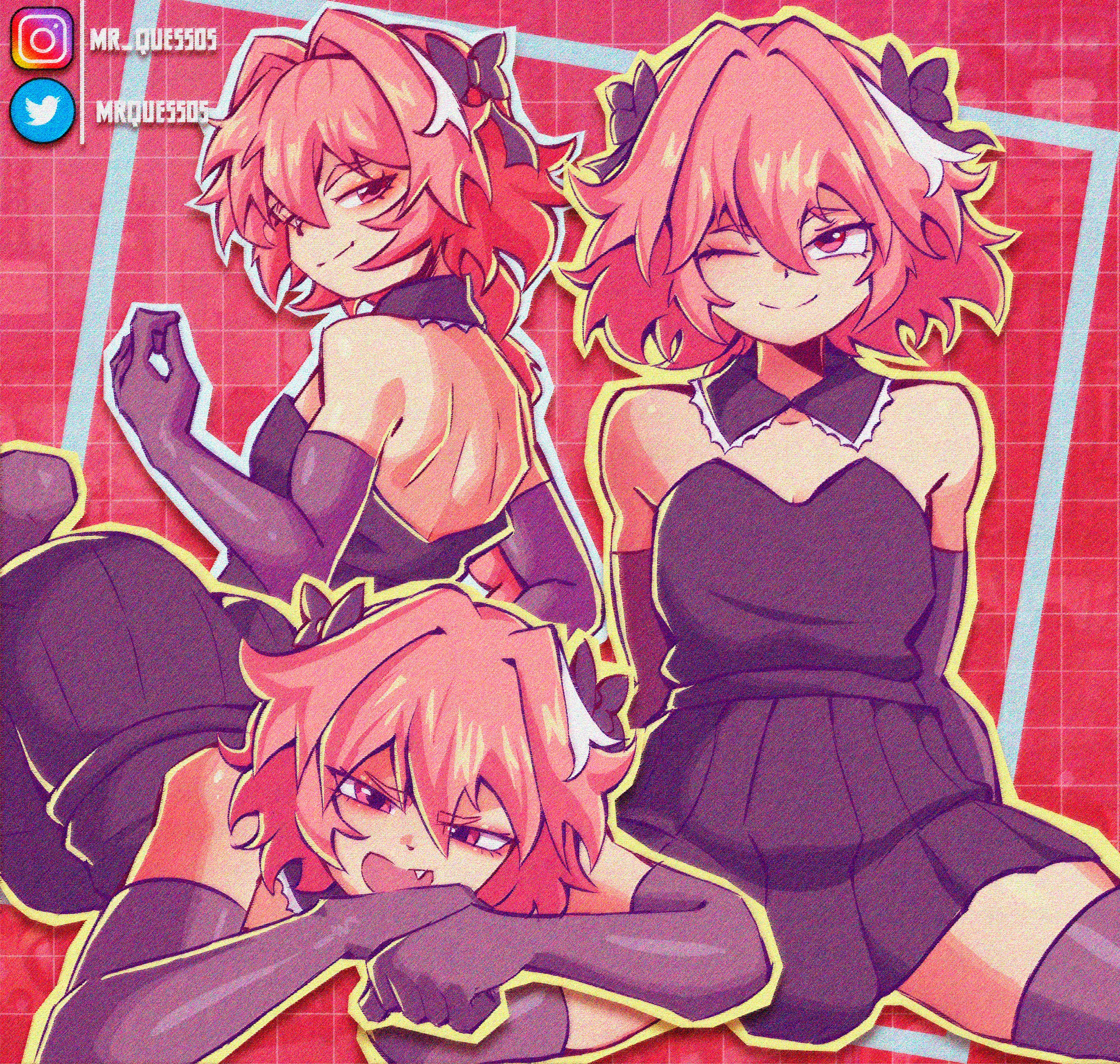 1boy, 2026, 2d, astolfo (fate), black thighhighs, dress, elbow gloves, fate (series), fate/grand order, femboy, femboy only, hair, light skin, light-skinned male, looking at viewer, male, male only, mrquessos, pink eyes, pink hair, solo, thighhighs