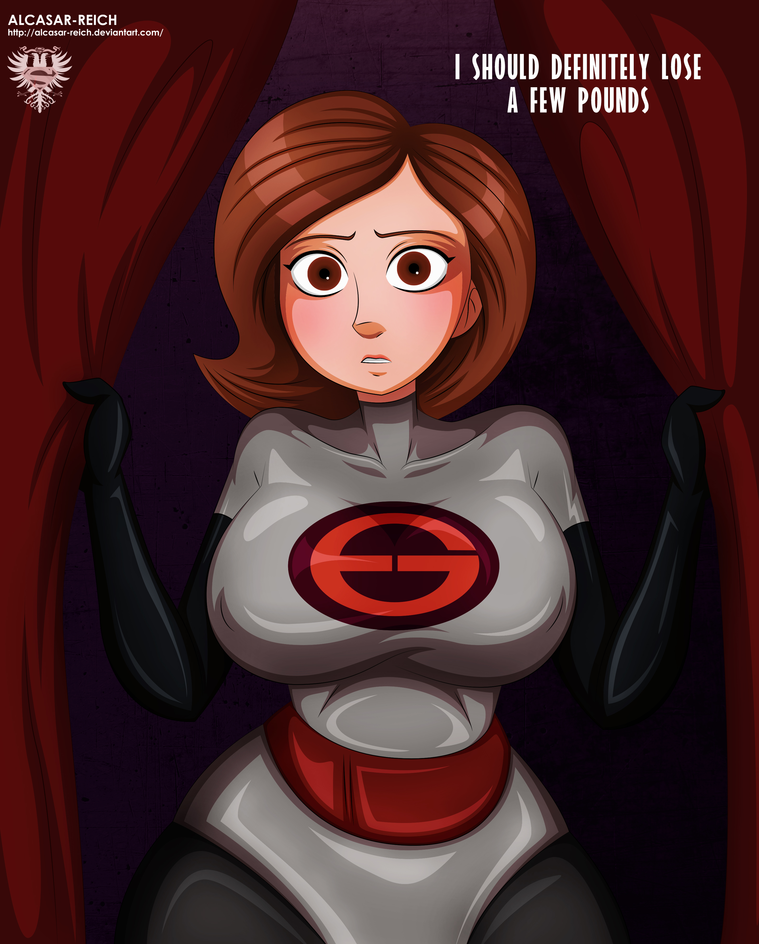 1girls, alcasar-reich, alternate costume, big breasts, black gloves, bodysuit, breasts, brown eyes, brown hair, dialogue, disney, elastigirl, elastigirl (the incredibles 2 supersuit), english text, female, gloves, helen parr, large breasts, milf, pixar, short hair, smooth skin, solo, the incredibles, the incredibles 2, thick thighs, thighs, wide hips