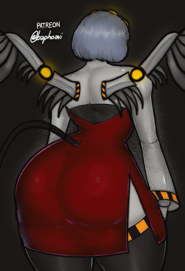 1girls, ass, ass focus, baphoavi, big ass, black background, dress, female, female focus, female only, grey hair, huge ass, huge thighs, murder drones, red dress, solo, solo female, solo focus, tail, thick thighs, thighs, turned around, v (murder drones), wings