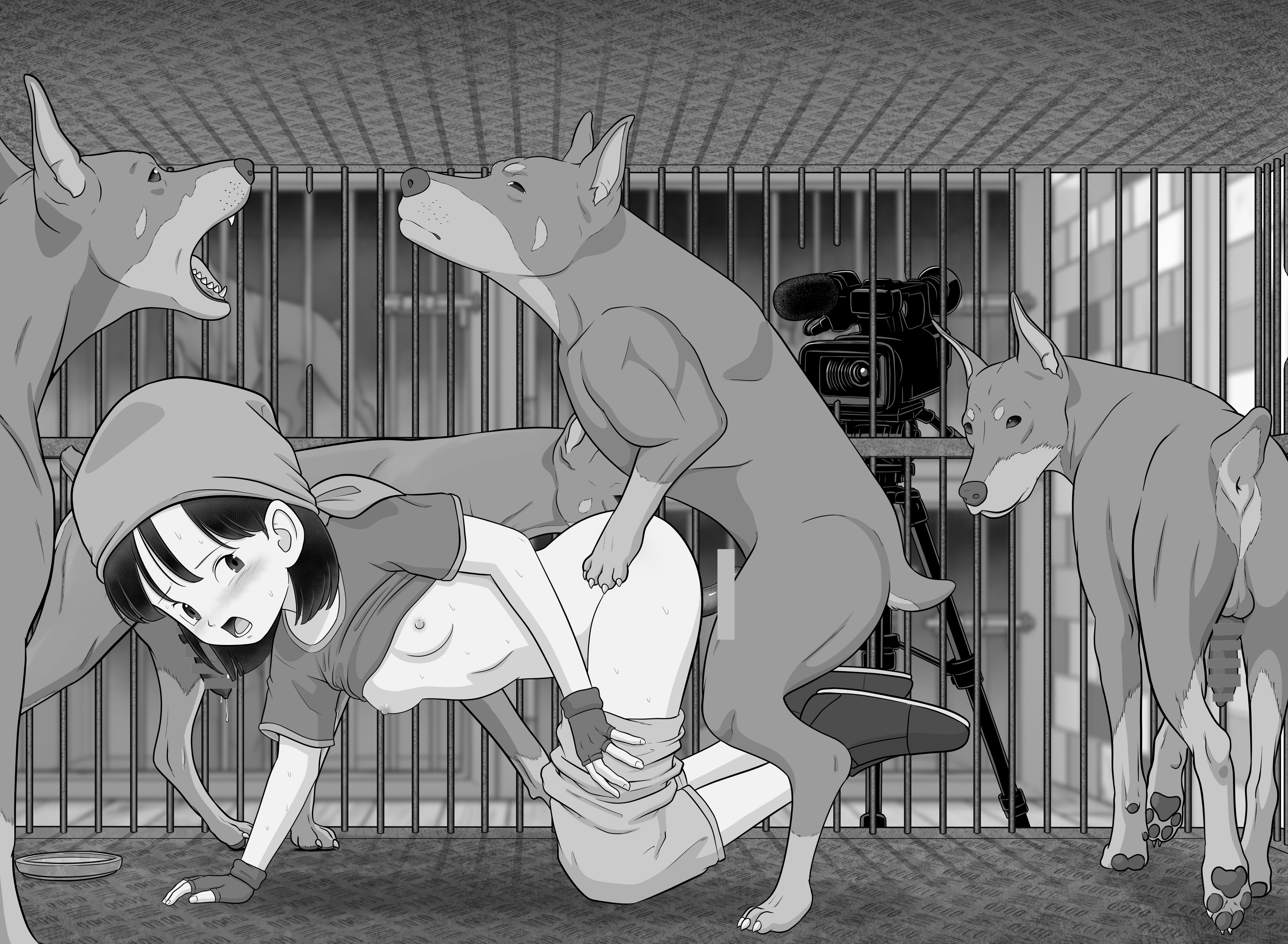 1girls, 2d, 5boys, absurd res, all fours, bandana, bar censor, best bes, black and white, blush, cage, camera, canine, canine on human, canine penis, censored, clothing, doggy style, domestic dog, dragon ball, female on feral, femsub, feral, feral dominating human, feral on female, feral on human, feral penetrating, feral penetrating human, filming, fivesome, gangbang, gloves, headwear, human female, human on feral, human penetrated, interspecies, kennel, knot, looking back, monochrome, multiple boys, pan (dragon ball), pornography, recording, recording video, shirt, shirt lift, skinny, slim, small breasts, small nipples, submissive human, zoophilia