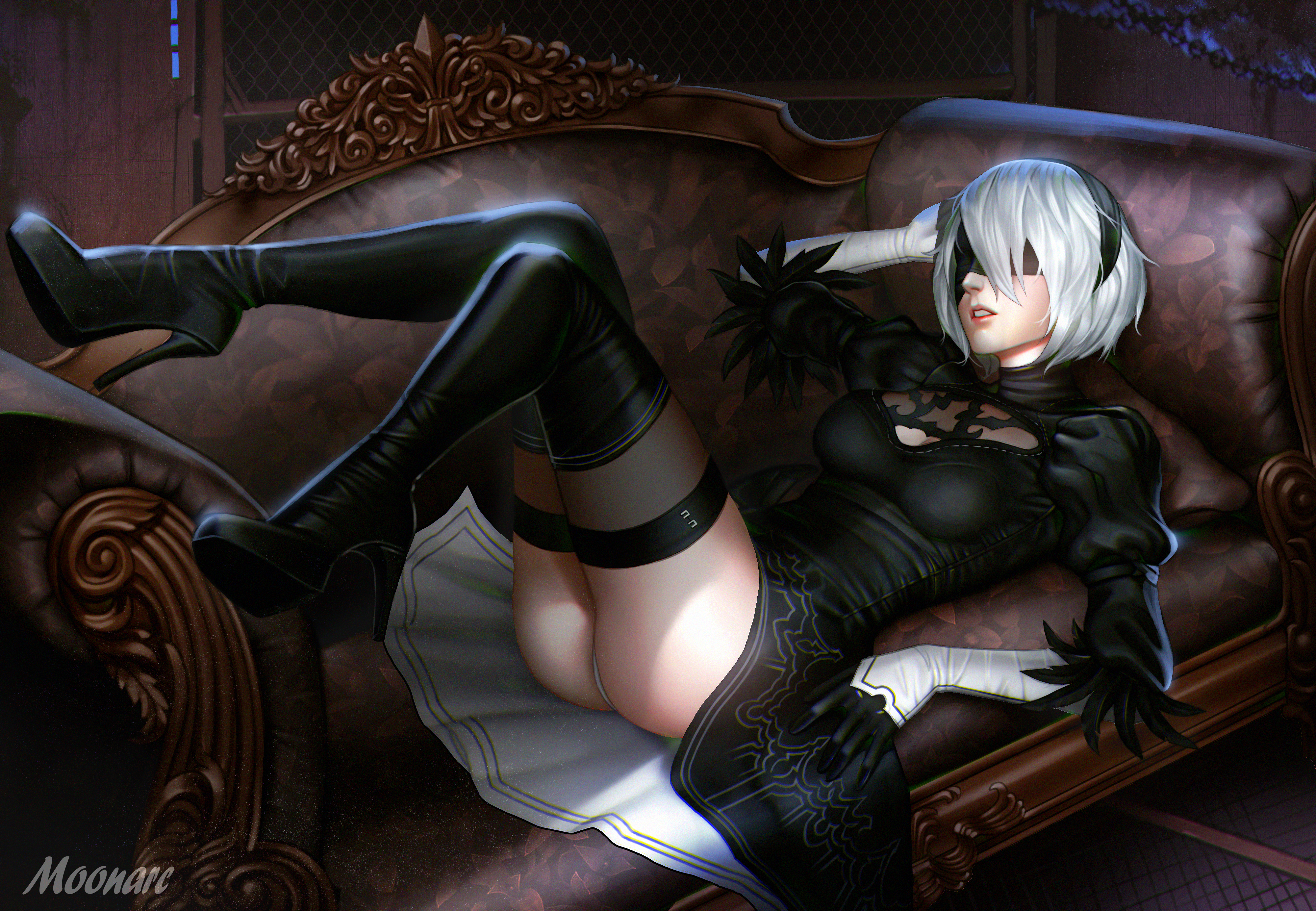 ass, audia pahlevi, black boots, black dress, black footwear, black gloves, black hair ornament, black hairband, black legwear, blindfold, boots, couch, dress, feather-trimmed sleeves, female, gloves, hairband, high heel boots, high heels, large filesize, lingerie, lying, nier (series), nier: automata, on back, panchira, pantsu, puffy sleeves, shoes, short hair, silver hair, solo, thigh boots, thighhighs, underwear, yorha 2b