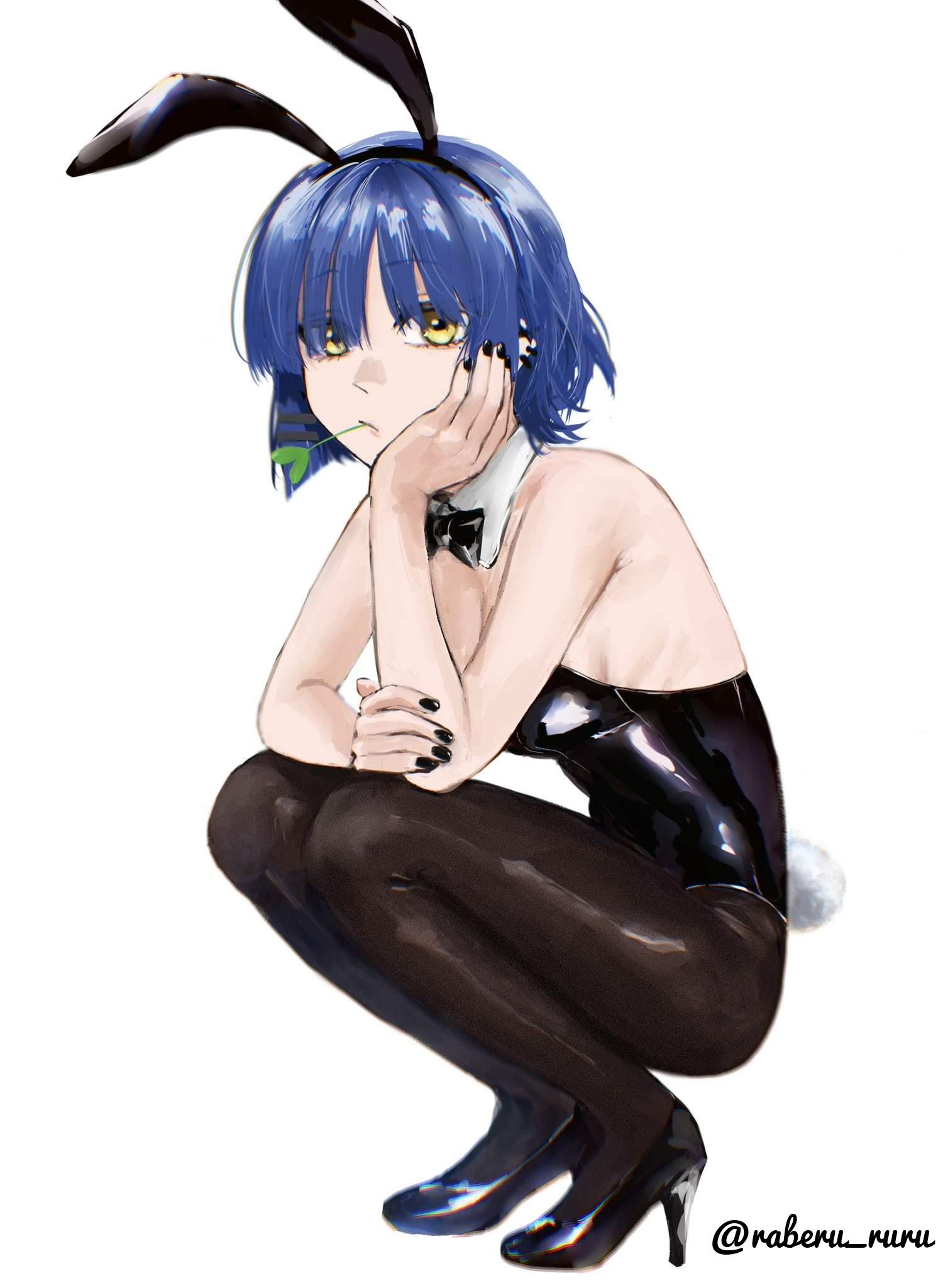 1girls, 2d, 2d (artwork), 2d artwork, anime, anime character, asian, asian female, asian girl, background, black bowtie, black bunny ears, black bunnysuit, black fingernails, black footwear, black hairband, black high heels, black leotard, black nail polish, black nails, black shoes, black topwear, blank background, blue hair, blue-haired female, bocchi the rock!, bowtie, breasts, bunny costume, bunny ears, bunny tail, bunnygirl, bunnygirl outfit, bunnysuit, calves, cleavage, cloverworks, collar, collarbone, digital, digital art, digital drawing, digital drawing (artwork), digital media, digital media (artwork), drawing, elbows, fanart, female, female focus, female only, female protagonist, fingernails, fingers, footwear, full body, green eyes, green-eyed female, groin, hair clip, hair clips, hairclip, hairclips, high heels, high school student, inframammary fold, japanese, japanese female, japanese girl, knees, lean figure, legs, legs folded, leotard, looking at viewer, medium breasts, mole, mole under eye, monotone background, nail polish, nails, narrow waist, one color background, plain background, portrait, posing, posing for the viewer, raberu ruru, school girl, shoes, short hair, shoulders, sitting, slender body, slender waist, slim female, slim waist, solid color background, solo, squat, squatting, squatting female, squatting pose, teen girl, teenage girl, teenager, thighs, topwear, white background, white collar, yamada ryou, young female, young woman