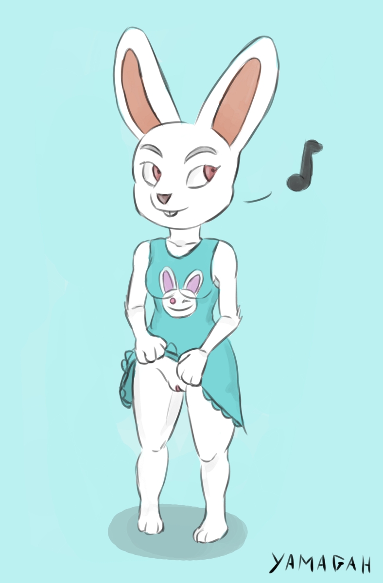 animal_crossing anthro clothed clothing clothing_lift digital_media_(artwork) female fur hi_res lagomorph leporid mammal musical_note nintendo pussy rabbit red_eyes ruby_(animal_crossing) simple_background solo video_games yamagah