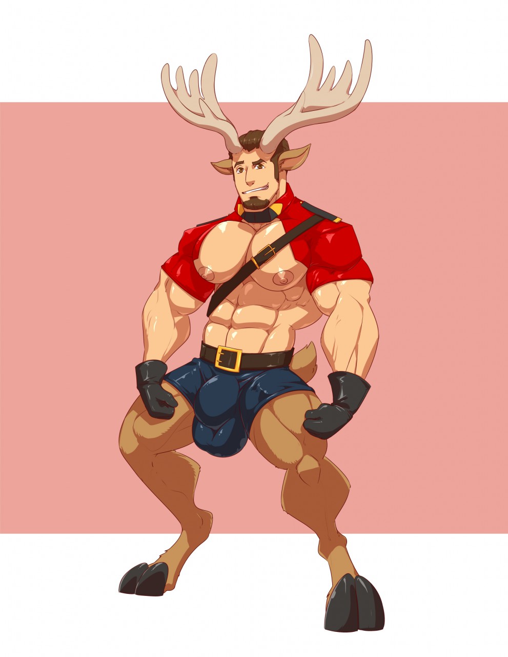 anthro big_muscles buck_(disambiguation) bulge capreoline cervid clothing confusion digitigrade flaccid hi_res hooves horn humanoid implied_transformation kartos male male_only mammal moose muscular post_transformation satyr solo solo_male surprise surprise_transformation torn_clothing transformation