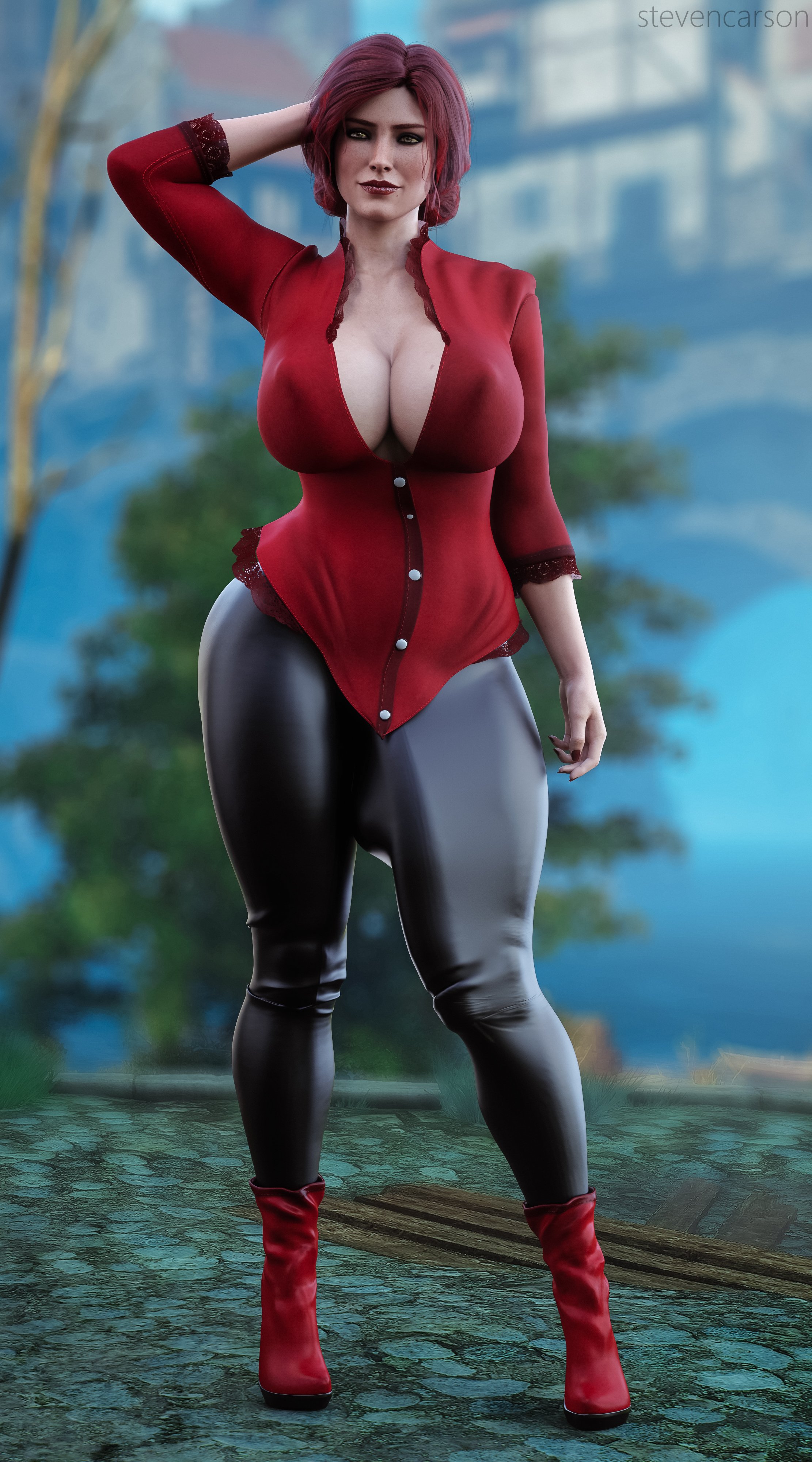 1futa, 3d, absurdres, ankle boots, artist name, balls, balls bulge, balls under clothes, big bulge, breasts, bulge, bulge down leg, cameltail, cd projekt red, circumcised, classy, cleavage, clothed, curvy, erect nipples, erect nipples under clothes, eye contact, flaccid, foreskin, full cleavage, futa only, futanari, hand behind head, highres, huge balls, huge breasts, huge bulge, huge cock, hyper, hyper penis, intersex, latex, latex legwear, leggings, lips, long penis, looking at viewer, nipple bulge, nipples, penis, penis bulge, penis shaped bulge, penis to the knees, penis under clothes, realistic, red hair, red lips, red nails, retracted foreskin, smug, solo, solo futa, spread legs, standing, stevencarson, streaked hair, text, the witcher, the witcher (series), the witcher 2, the witcher 3: wild hunt, thick thighs, tight clothes, triss merigold, uncircumcised, watermark, wide hips