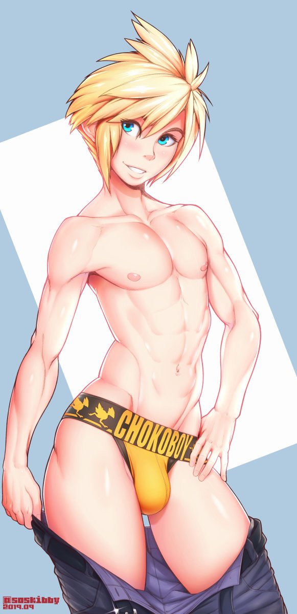 1boy abs androgynous blonde_hair blue_eyes bulge cloud_strife final_fantasy final_fantasy_vii male_only muscles muscular muscular_male panties pants_down short_hair skibby smile solo thunder_head twink