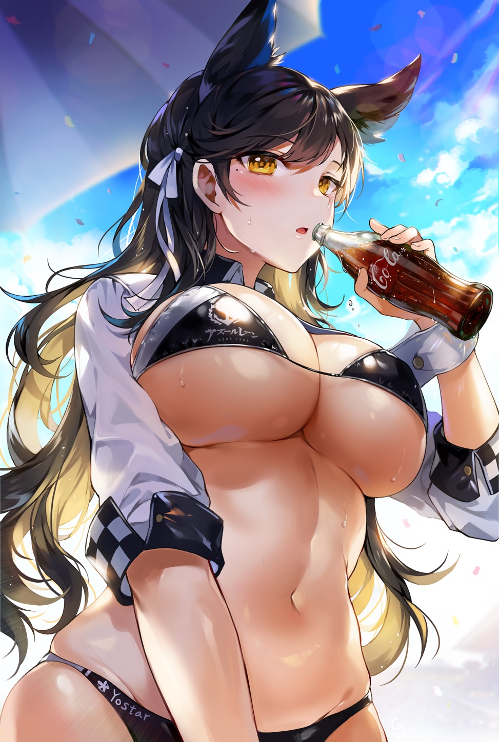 1girls animal_ear_fluff animal_ears arms_under_breasts atago_(azur_lane) azur_lane bangs bikini black_bikini blue_sky blush bottle breasts brown_eyes brown_hair cleavage clouds cola day gijang groin hair_ribbon holding holding_bottle large_breasts long_hair long_sleeves looking_at_viewer mole mole_under_eye navel open_mouth outside race_queen ribbon shrug_(clothing) sidelocks skindentation sky smile sparkle stomach swimsuit wet