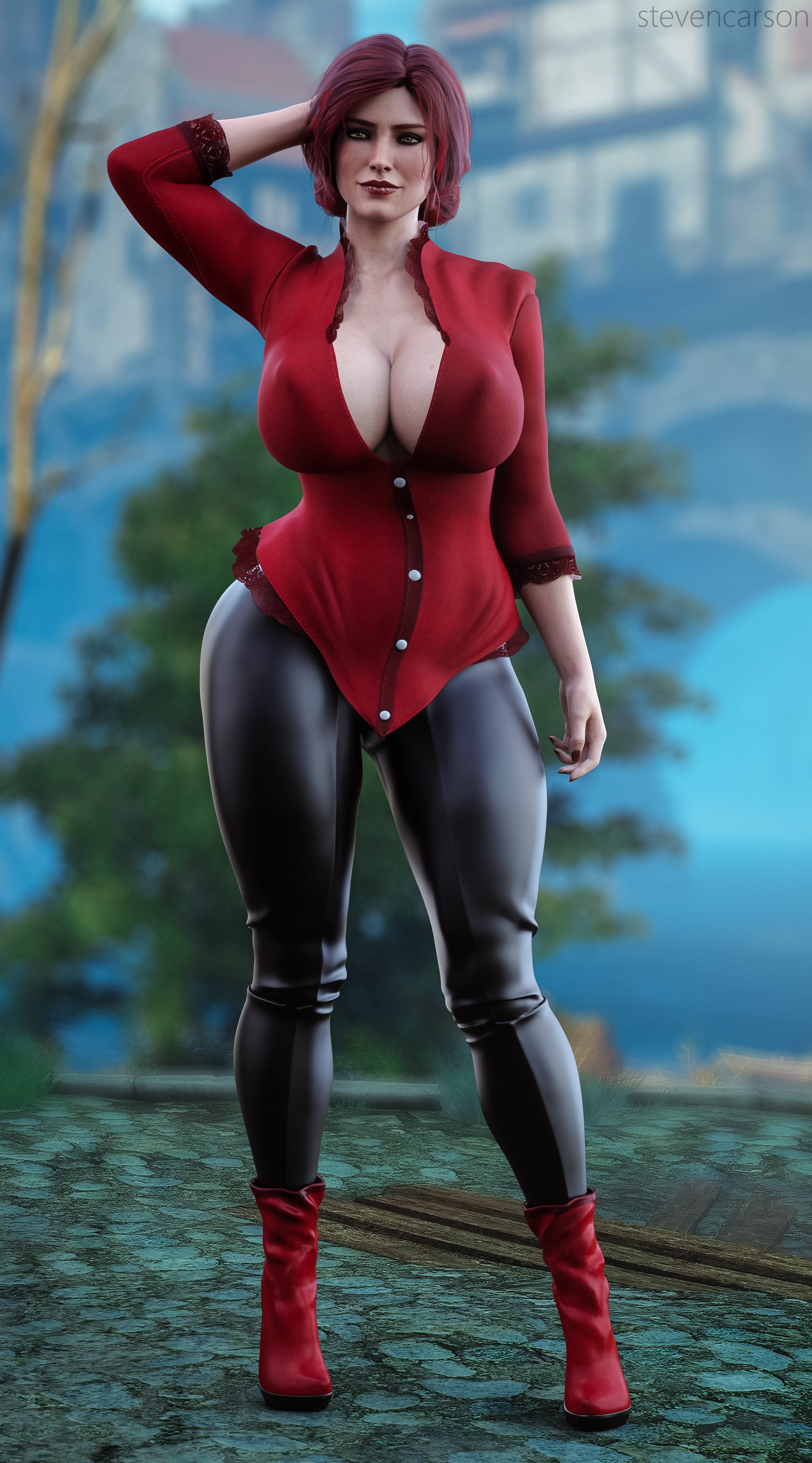 1girls, 3d, absurdres, big breasts, breasts, cd projekt red, female, female only, highres, large breasts, looking at viewer, solo, spread legs, standing, stevencarson, the witcher, the witcher (series), the witcher 2, the witcher 3: wild hunt, triss merigold