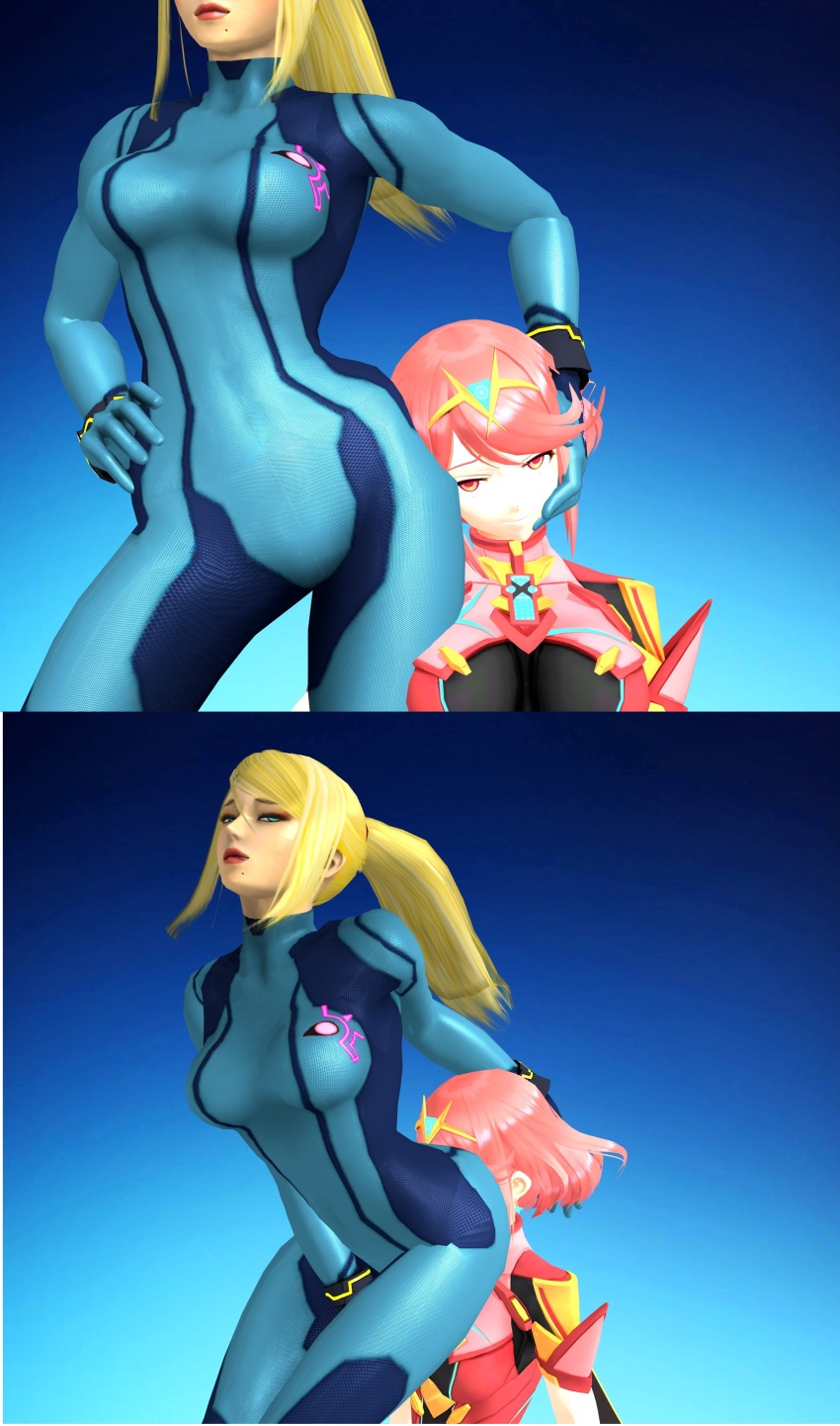 2girls, 3d, ass, blonde hair, bodysuit, breasts, crossover, female, female only, large breasts, long hair, metroid, multiple females, multiple girls, nintendo, ponytail, pyra, red eyes, red hair, samus aran, short hair, xenoblade (series), xenoblade chronicles 2, yuri, zero suit, zero suit samus
