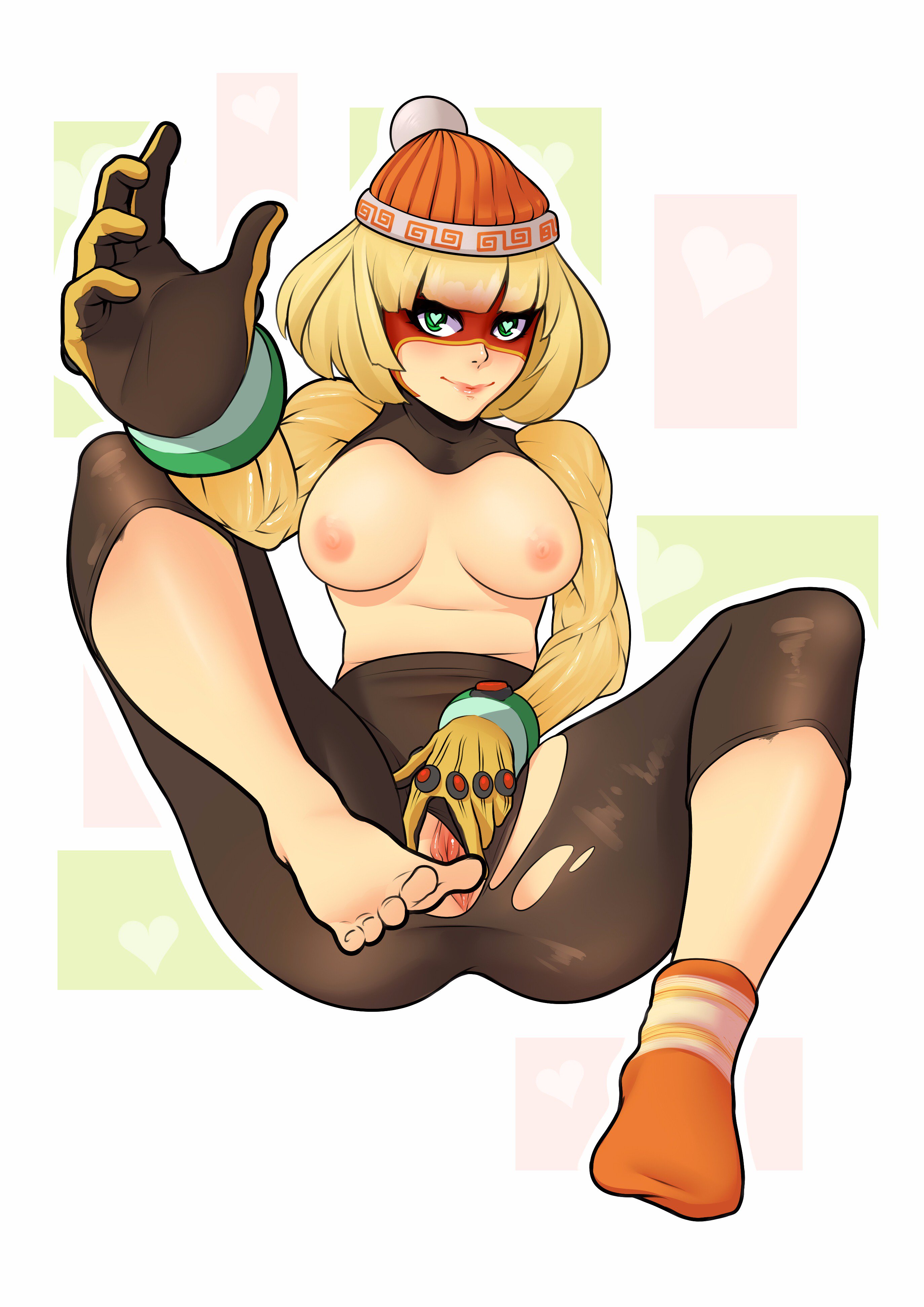 1girls, areolae, arms (game), bare calves, blonde hair, breasts, breasts out, busty, calves, female, female only, gloves, green eyes, hat, heart, heart-shaped pupils, hourglass figure, human, labia, looking at viewer, mask, min min (arms), nintendo, nipples, pantyhose, presenting, presenting pussy, presenting vagina, pussy, sassquatch, solo, symbol-shaped pupils, tagme, teenager, torn clothes, torn pantyhose, vagina, wide hips