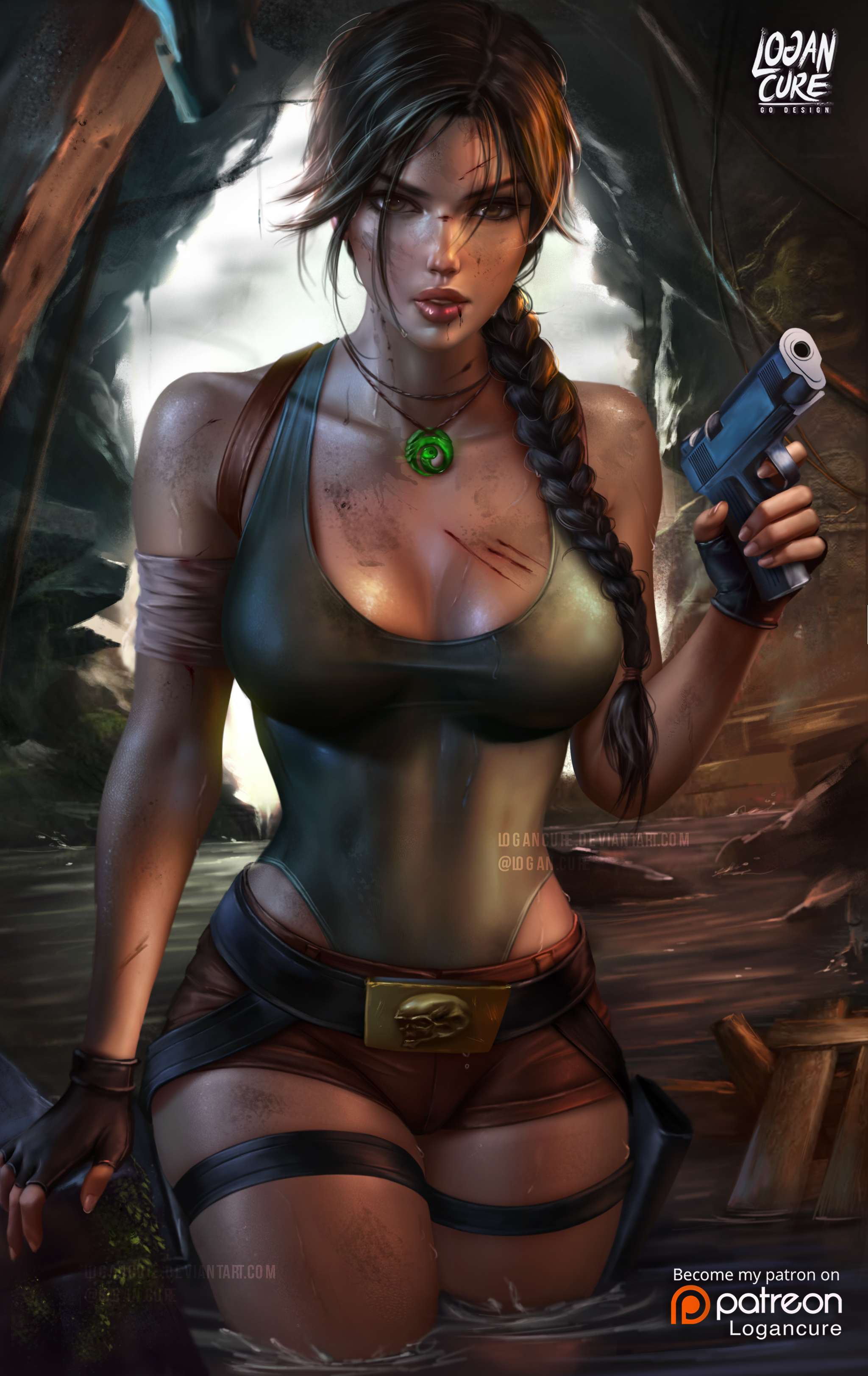 1girls, alternate breast size, big breasts, breasts, cleavage, female, female only, lara croft, lara croft (classic), lara croft (survivor), large breasts, logan cure, looking at viewer, signature, solo, text, tomb raider, tomb raider (classic), tomb raider (survivor), watermark