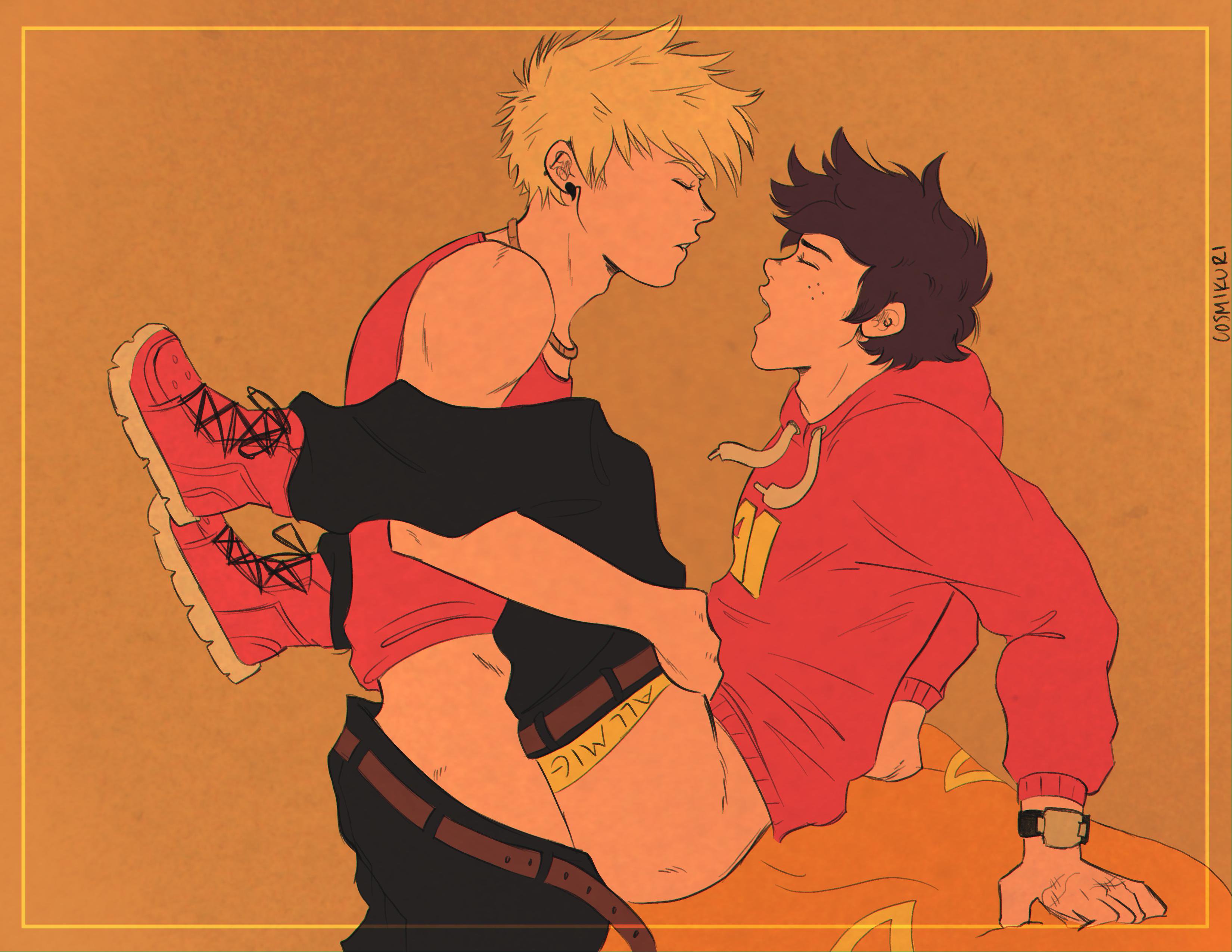 2boys, blonde hair, cosmikuri, gay, izuku midoriya, katsuki bakugou, male, my hero academia, orgasm face, panties, pants down, shoes, underwear, yaoi