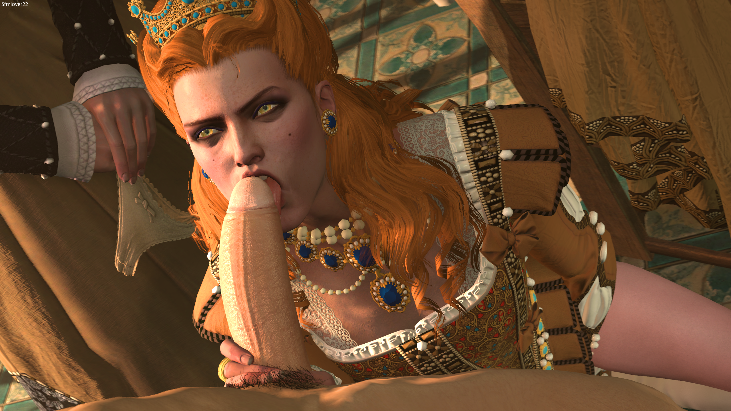 1boy, 3d, 3girls, anna henrietta, big penis, blonde hair, cd projekt red, eyeshadow, fellatio, female, ginger, green eyes, hand on penis, licking penis, light skin, light-skinned female, light-skinned male, male, masturbation, oral, orange hair, pale skin, pale-skinned female, pale-skinned male, partially clothed, penis, pubic hair, royalty, sfmlover22, the witcher (series), the witcher 3: blood and wine, the witcher 3: wild hunt, tongue, tongue out, vivienne de tabris, watching, white panties, yellow eyes