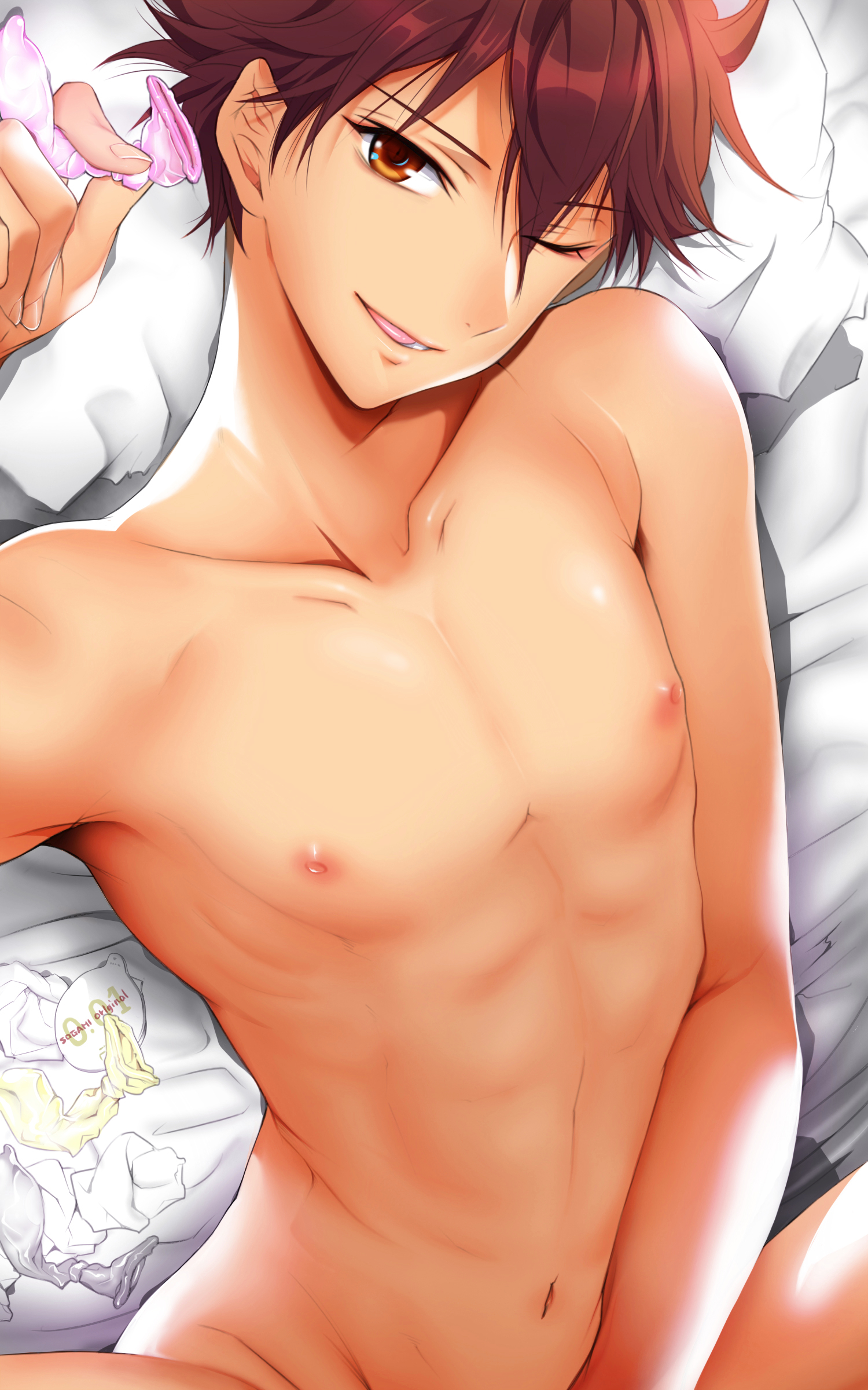 1boy, bed, bed sheet, condom, ensemble stars!, implied yaoi, kei1, looking at viewer, male, male only, morisawa chiaki, nude, on bed, one eye closed, out of frame, out of frame censoring, pillow, torso, twink, used condom, yaoi