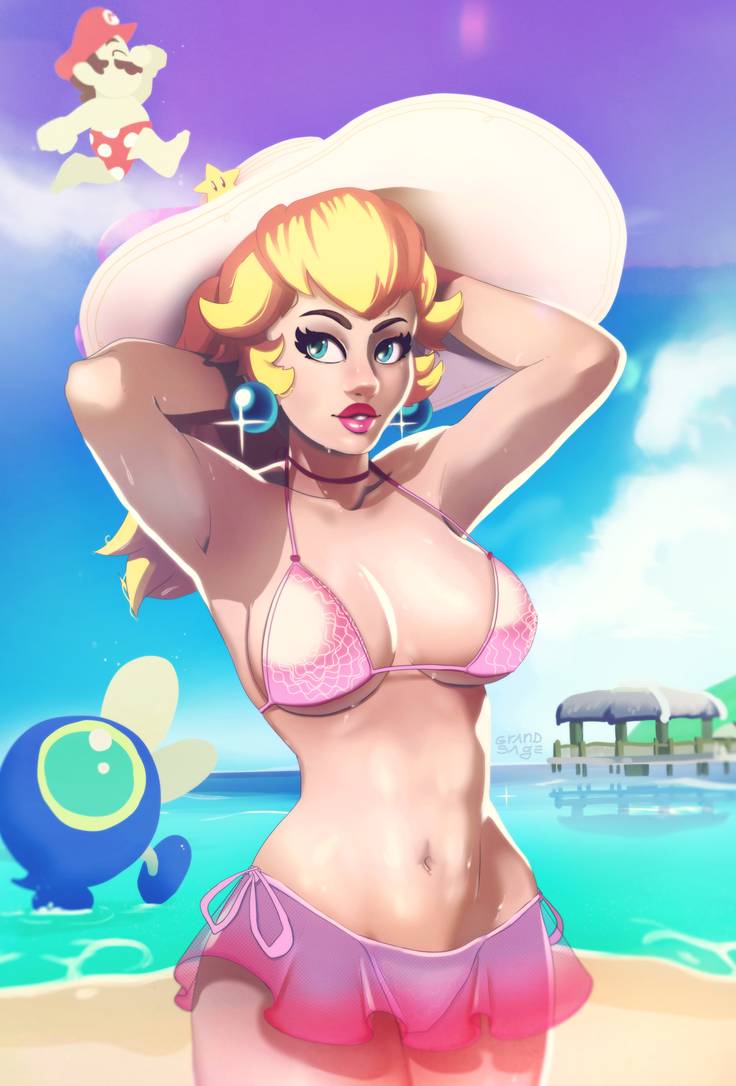 1girls beach big_breasts bikini blonde_hair blue_eyes breasts cataquack cleavage curvaceous curvy earrings female grand-sage looking_to_the_side mario mario_(series) midriff nintendo outdoors princess_peach super_mario_sunshine thick video_games wide_hips