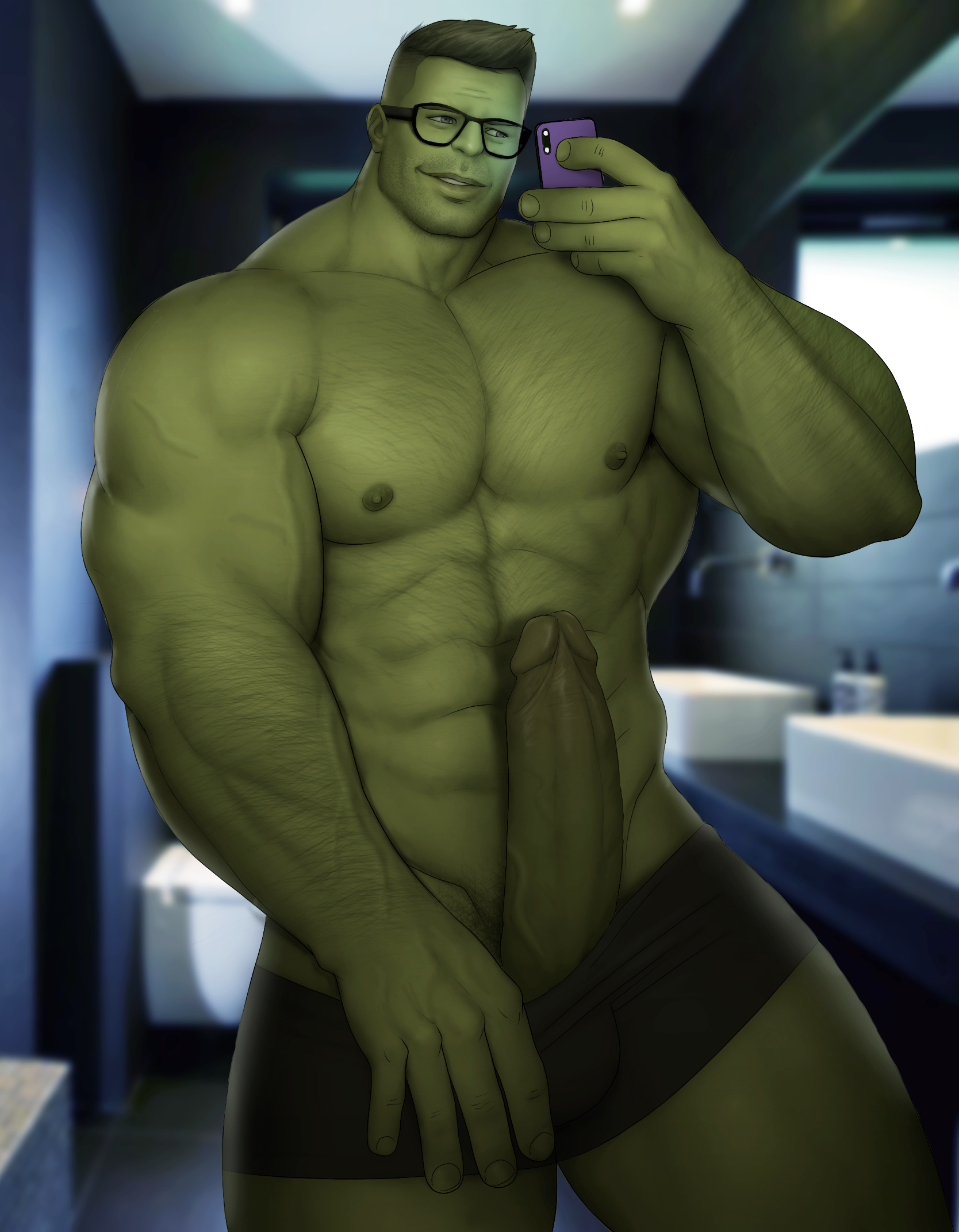 1boy, abs, avengers, avengers: endgame, big penis, drawnpr0n, erect penis, erection, glans, glasses, green glans, green nipples, green skin, green-skinned male, hulk, hulk (series), male, male only, marvel, marvel cinematic universe, marvel comics, nipples, penis, professor hulk, selfie, solo, underwear