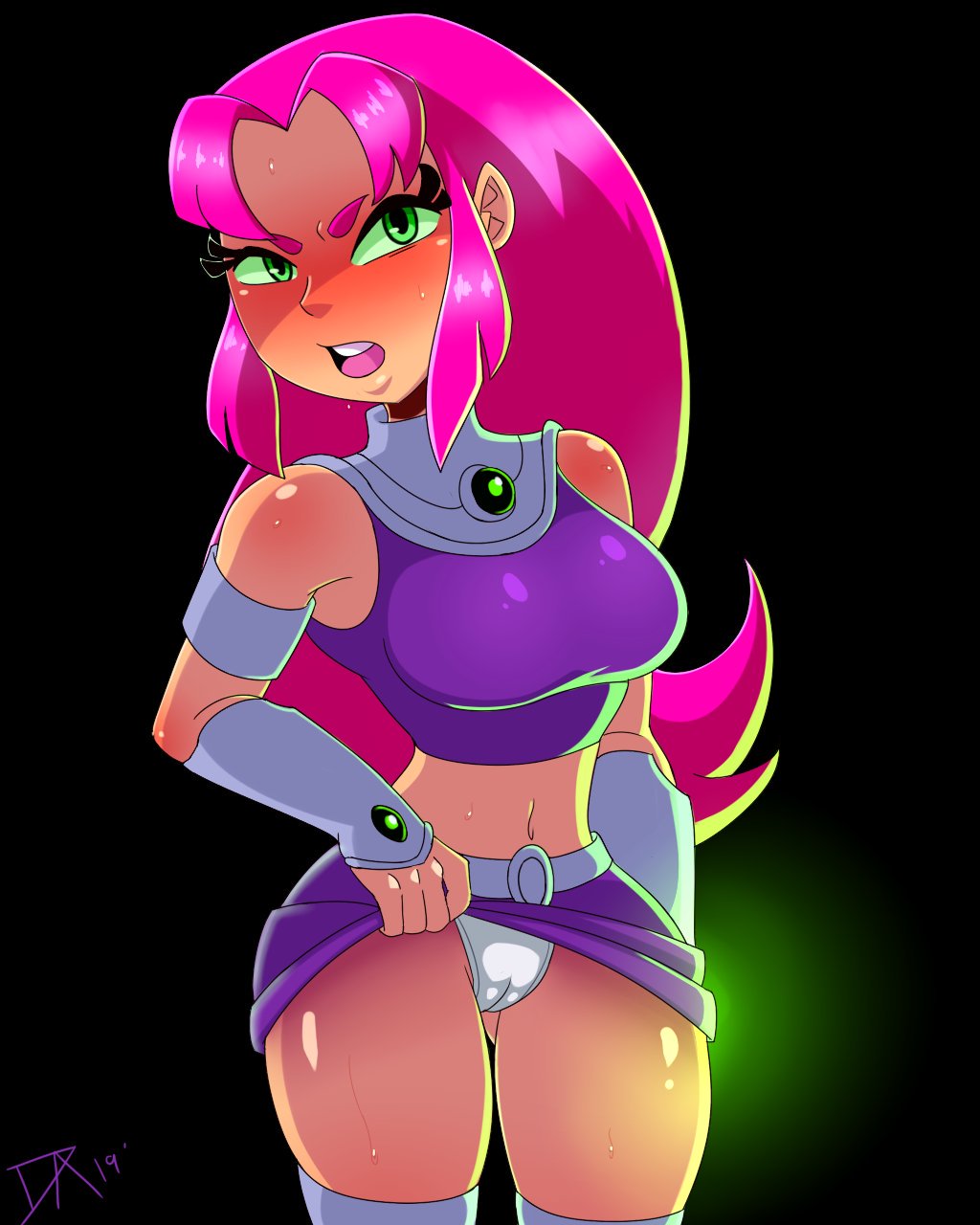 1girls, 2019, angry, blushing, bracer, breasts, cameltoe, cartoon network, dalley le alpha, dc, dc comics, female, green eyes, koriand'r, looking at viewer, medium breasts, navel, offscreen character, panties, pink hair, pussy, skirt lift, solo, starfire, teen titans, teen titans go, thick thighs