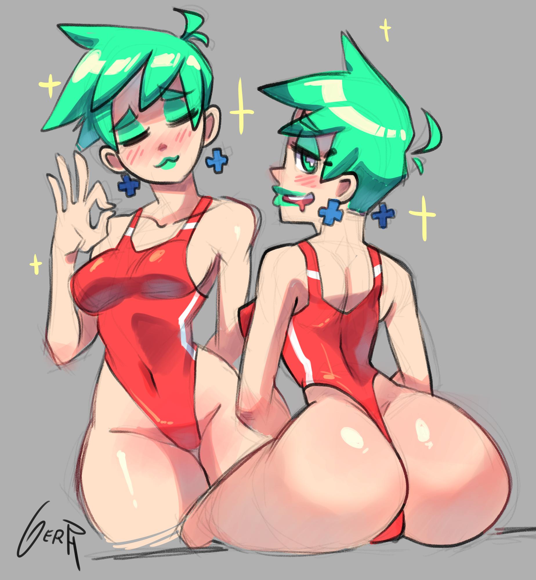 1girls, ass, big ass, breasts, bubble ass, bubble butt, cleavage, female, female only, gerph, green lipstick, highleg, huge ass, huge butt, lipstick, looking at viewer, looking back, mint (skarp world), one-piece swimsuit, short green hair, skarp world, solo, swimsuit, thong, thong leotard