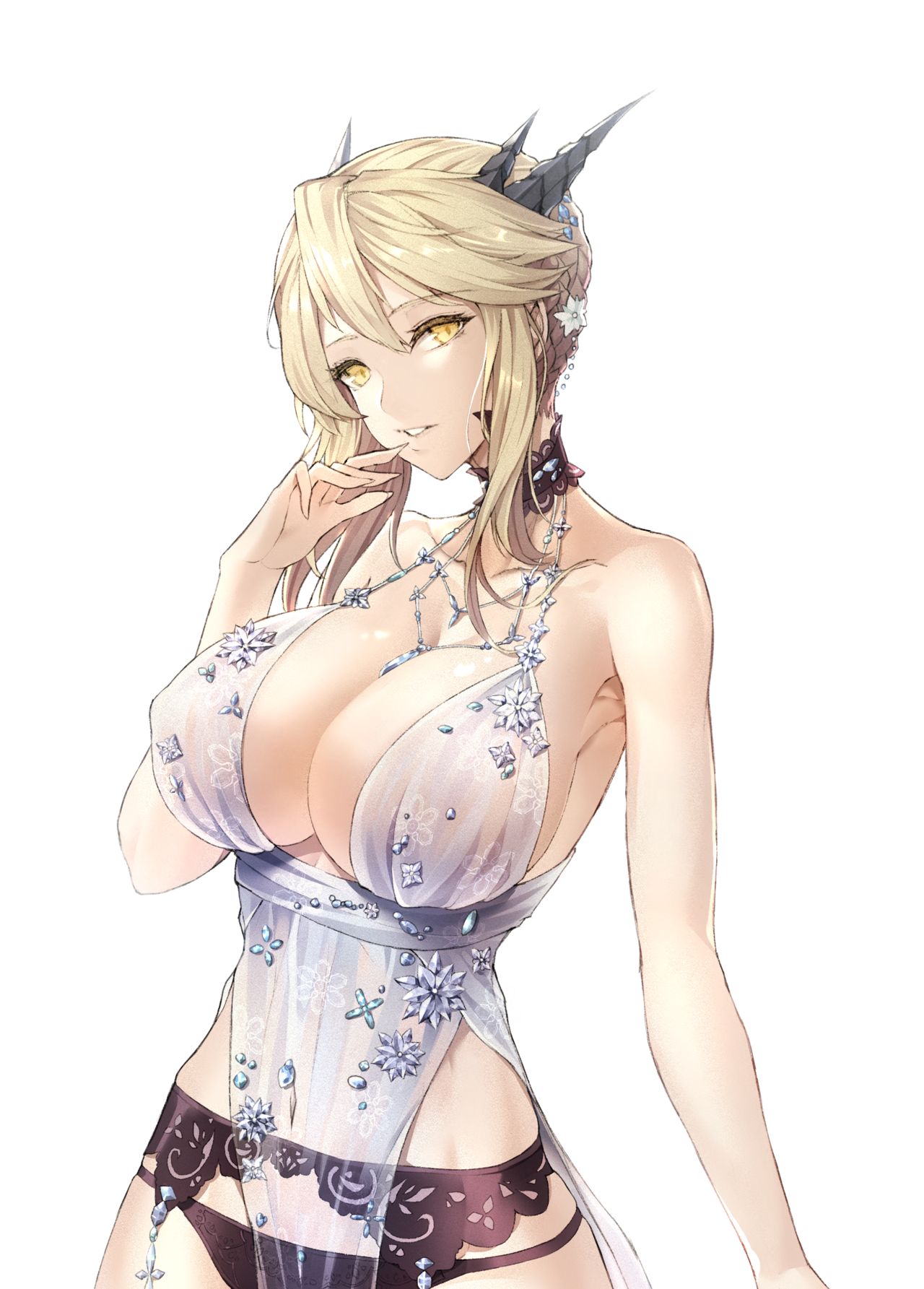 1girls, artoria pendragon, artoria pendragon (lancer alter), bangs, black choker, black panties, blonde hair, breasts, choker, cleavage, eyebrows visible through hair, fate (series), fate/grand order, female, female only, garter belt, garter straps, hair between eyes, hair ornament, hand to own mouth, jewelry, large breasts, limeblock, limesaurus, panties, see-through, see-through clothing, solo, solo female, yellow eyes