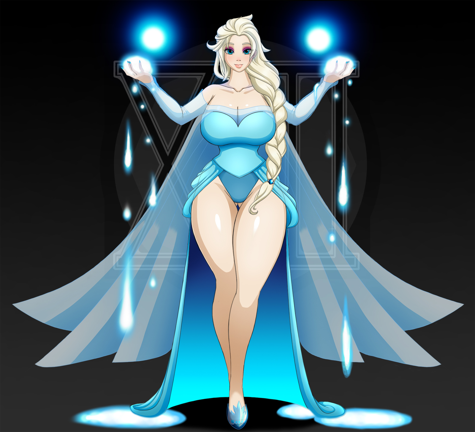 1girls, big breasts, blonde hair, blue eyes, breasts, cleavage, disney, dress, elsa (frozen), eyeshadow, female, frozen (film), full body, high heels, ice, large breasts, magic, snow, solo, thick thighs, thighs, waifuholic, wide hips