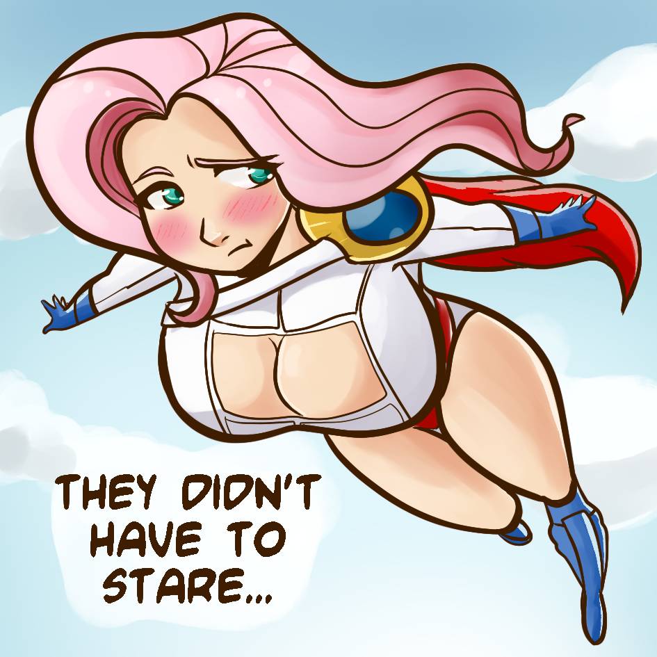 1girls blue_boots blue_eyes blue_gloves blue_sky blush boots breasts cape cleavage cleavage_cutout dc dc_comics dialogue embarrassed english_text fluttershy_(mlp) flying friendship_is_magic gloves huge_breasts humanized leotard long_hair looking_away megasweet my_little_pony pink_hair power_girl power_girl_(cosplay) sky straight_hair superheroine