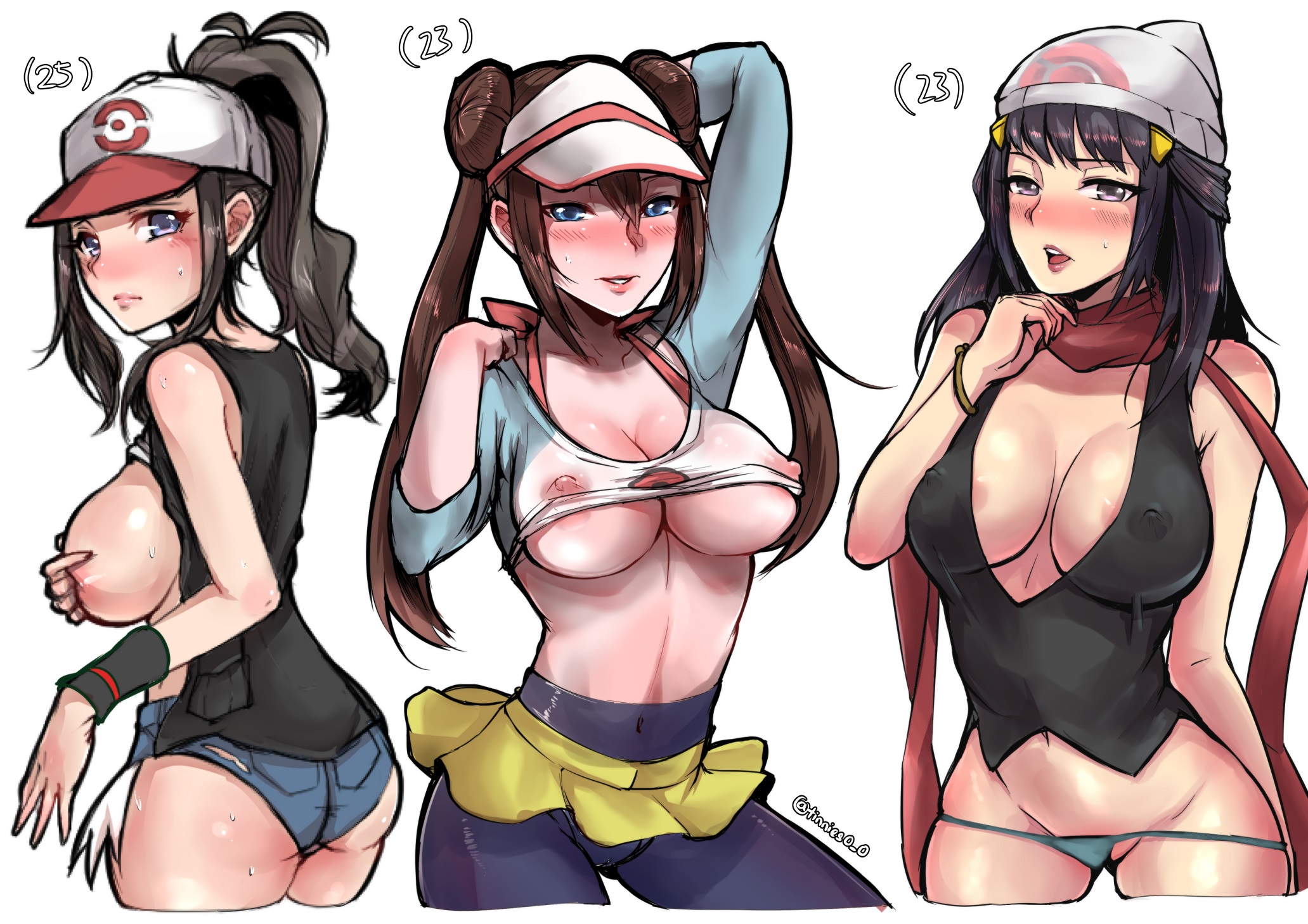 3girls, abs, adults, aged up, alternate breast size, areolae, arm up, ass, ass hanging out of shorts, belly, belt, big breasts, blue eyes, blue hair, blush, breasts, brown hair, bubble ass, bubble butt, cameltoe, character age, cleavage, clothed, colored, covering breasts, dawn (pokemon), double bun, erect nipples, eye contact, female, female only, half-closed eyes, hat, hilda (pokemon), hourglass figure, human, jacket, large breasts, long hair, looking at viewer, looking back, midriff, multiple females, multiple girls, navel, nipples, open mouth, panties, pantyhose, pokemon, pokemon bw, pokemon bw2, pokemon dppt, ponytail, pose, pussy, rosa (pokemon), scarf, shirt, shorts, sideboob, skirt, standing, sweat, text, thin waist, tinnies, twintails, underboob, watermark, white background, yellow skin