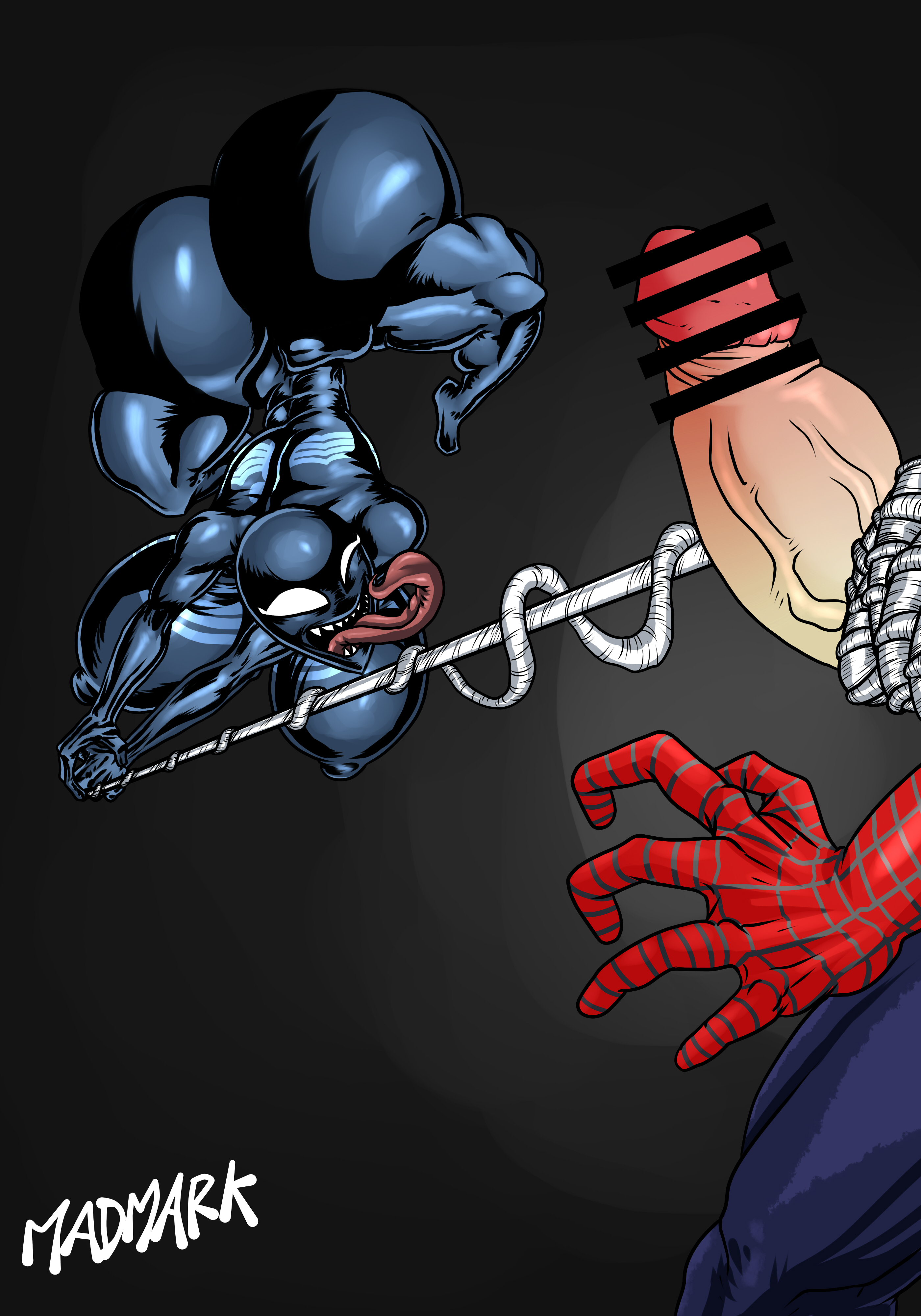 1boy, 1girls, ass, big ass, big breasts, big butt, big penis, breasts, censor bar, censored, fat ass, female, grabbing penis, huge breasts, large ass, large breasts, larger male, light skin, light-skinned male, long tongue, madmark, male, male/female, marvel, marvel comics, nipple bulge, nipples, open mouth, penis, peter parker, sharp teeth, she-venom, spider web, spider-man, spider-man (series), straight, thick ass, thick thighs, thighs, tongue, tongue out, venom (marvel), white eyes