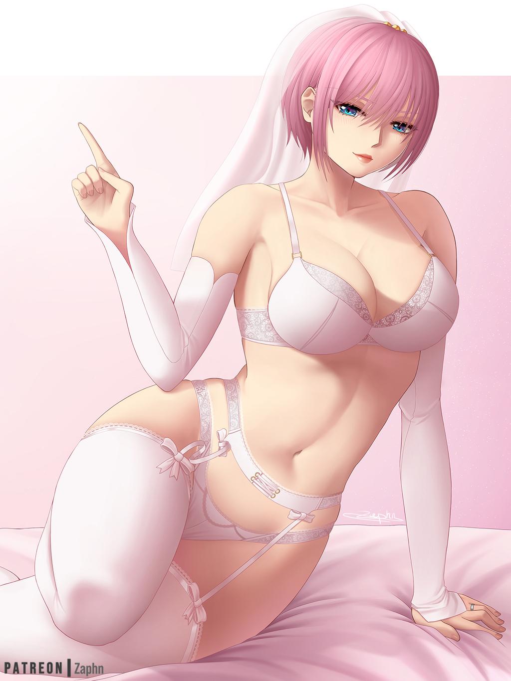 1girls, blue eyes, bra, breasts, bridal lingerie, bridal veil, cleavage, detached sleeves, female, garter belt, garter straps, go-toubun no hanayome, lingerie, nakano ichika, panties, pink hair, solo, thighhighs, zaphn