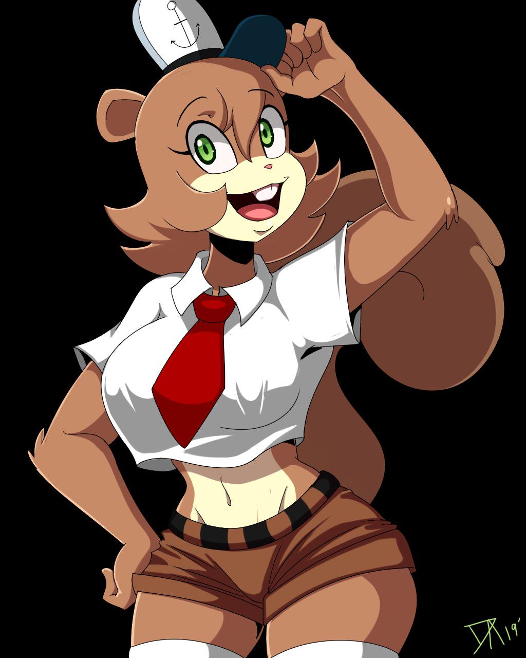 1girls, anthro, brown fur, bushy tail, curvy, dalley le alpha, dark background, female, fully clothed, furry, green eyes, navel, nickelodeon, nipple bulge, red tie, sandy cheeks, shorts, spongebob squarepants, squirrel, straight hair, uniform, white hat